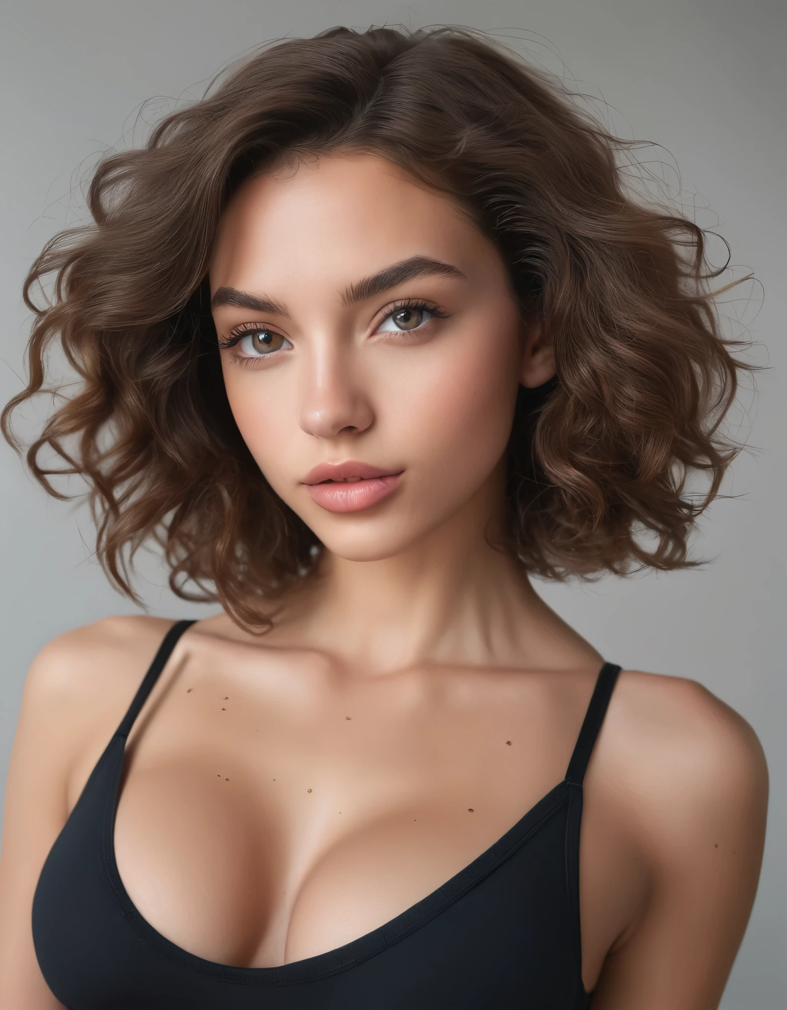 1girl. True-Life photo, hot French female in Random sexy pose. 21 years old . Skinny body, Big natural tits .short curly hair. Wearing bra, Gym tights. Full-body length photo, Full body view, Wide angle. realistic skin texture,smooth complexion,natural-looking hair, Highly detailed photo, Best quality, Masterpiece, 8k , High resolution, detailed eyes, Detailed lips, Natural lighting, In studio, Realistic