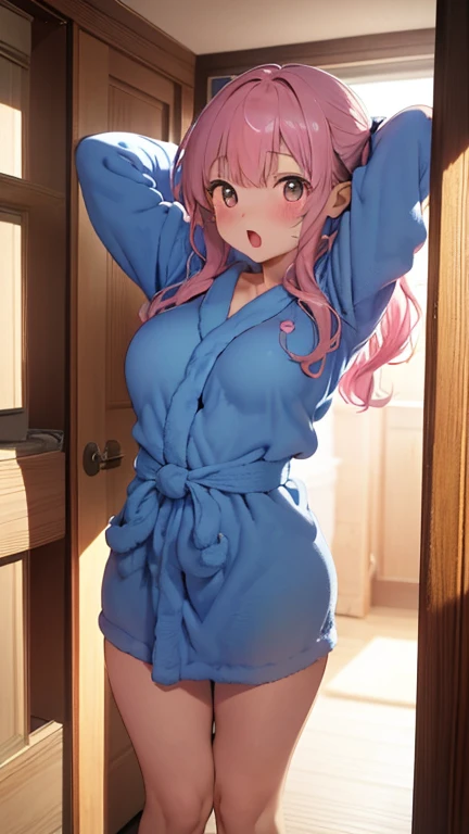 masterpiece、highest quality、Very detailed、Photograph the upper body、1 female、(Put your arms behind your back:1.4)、Are standing、Turn your body forward、View your viewers、(Blue bathrobe)、break,blush、shy、Pink Hair、Open your mouth、room、Big Breasts、