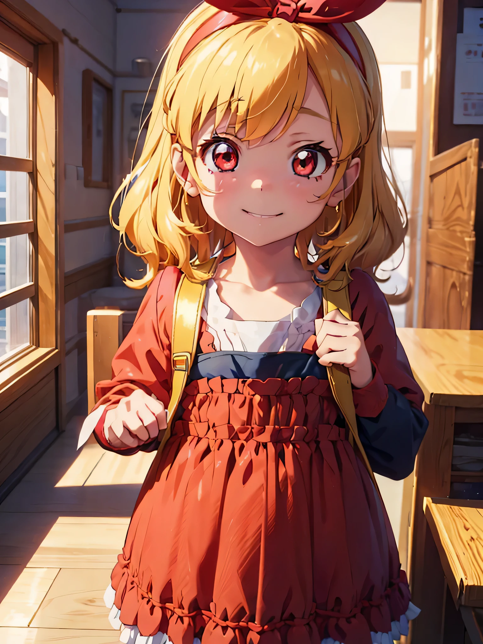 anime cg, highresolution, cute , smile, trainingroom, (RED Ribbon on HAIRband:1.2),Blonde hair, ,(((toddler,child))),(((toddler,child))),moe anime in which the girl wears a short pink dress with a backpack, 1girl, backpack, solo, bag, , brown eyes, apron, randoseru, apron, short hair,Ichigo Hoshimiya (Aikatsu!),