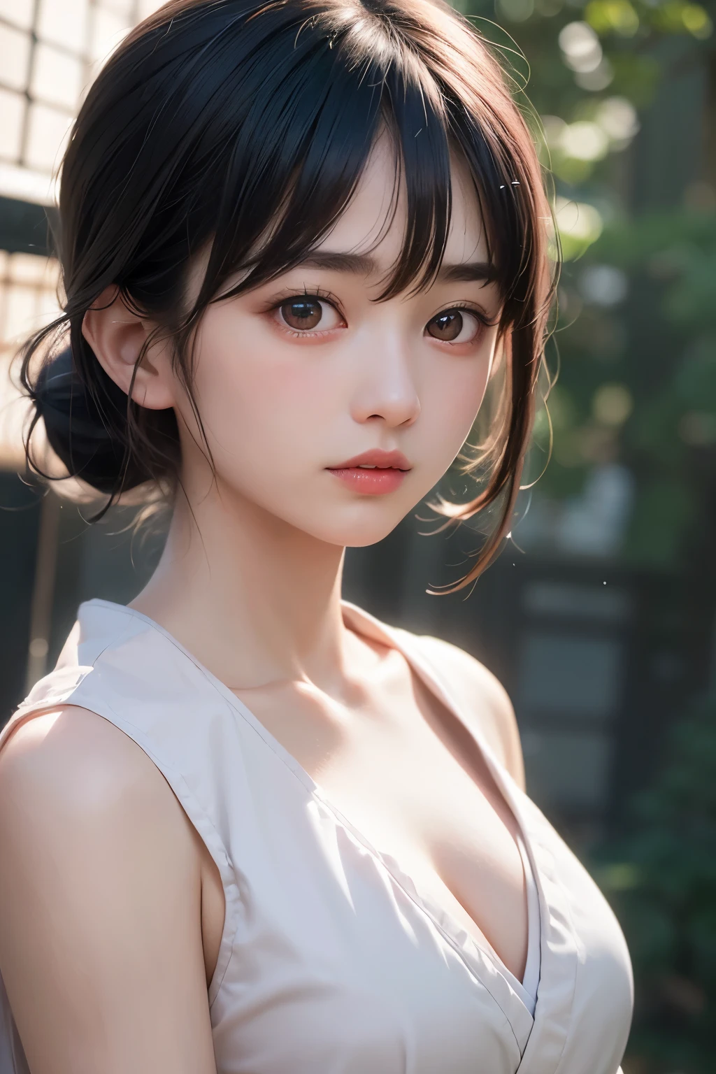 (1 nogizaka girl,raw photo,photo realistic:1.5),(best quality, high quality,HDR, highest quality,ultra high resolution,high resolution,high res,ultra high difinition,huge file size,8K,2K wallpaper,8K wallpaper,high quality texture,amazing,an extremely delicate:1.4),one girl, Japanese famous idol,beautiful face,small face,absurd,ridiculous,incredibly ridiculous,portrait,breasts close up,blurry background,(miko clothes,cleavage,no makeup:1.2),medium skin,beautiful skin,detailed skin,small head,black hair,silky hair,(Japanese eyes,round eyes:1.5),detailed eyes,black eyes,Japanese idol eyes,(small facial parts:1.3),Japanese nose,5-fingers,(Light Particles, Lens Flare, Luminous Particles: 0.7),looking at viewer,bright lighting,professional lighting,girl