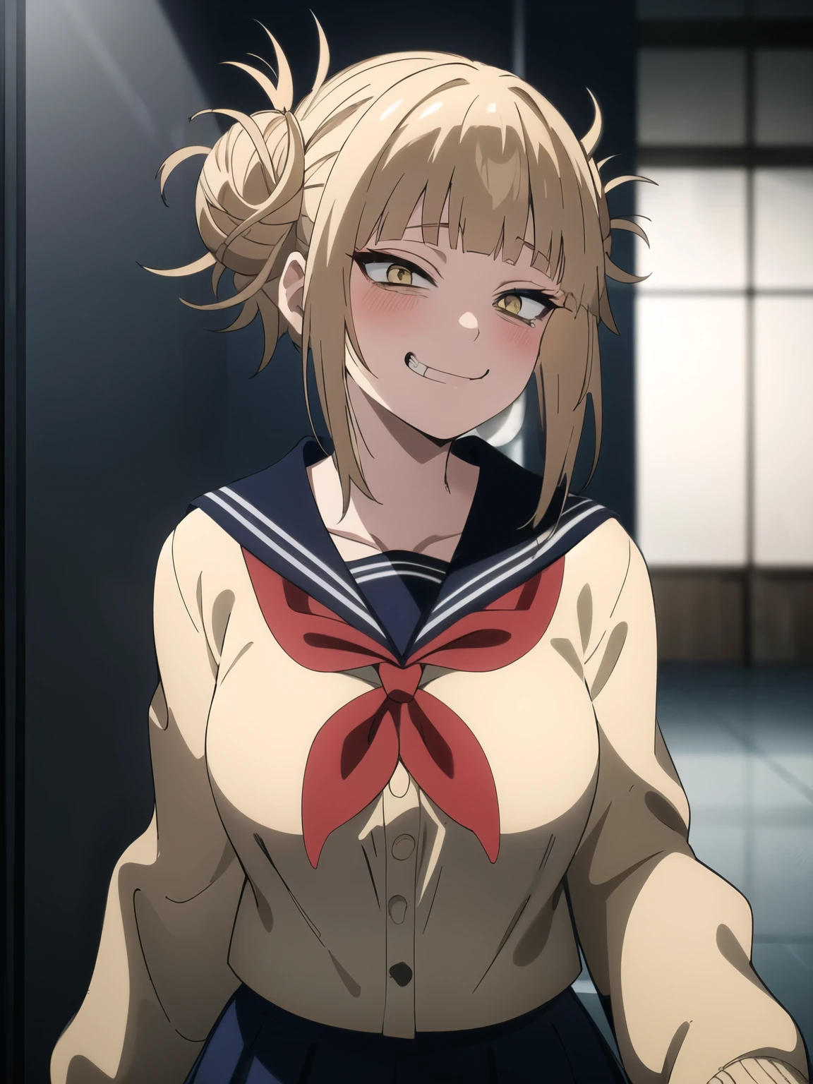 highest quality, masterpiece, High resolution,,Himiko T, evil grin, crazy, evil, Dynamic pose, highest quality, masterpiece, High resolution、 (One girl, alone), Blonde, Double good, Messy Hair, bangs, (Perfect Eyes, Yellow Eyes), serafuku, Sagging under the eyes, (Close your mouth), Blue Skirt, Long sleeve, Red neckerchief, chest, View your viewers, Upper Body 、sexy、Erotic、sexy、sex appeal、Eroticチック、Big Tits、Oily skin、Seduce your audience、blush、Red cheeks