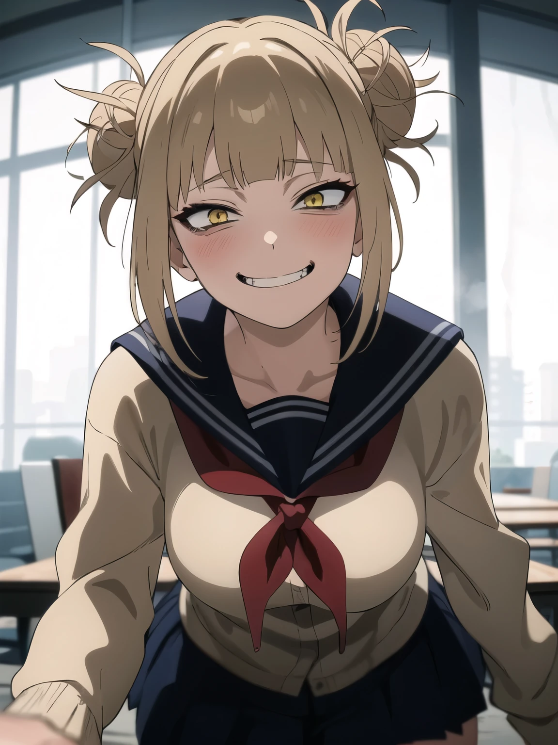 highest quality, masterpiece, High resolution,Himiko T, evil grin, crazy, evil, Dynamic pose, highest quality, masterpiece, High resolution、 (One girl, alone), Blonde, Double good, Messy Hair, bangs, (Perfect Eyes, Yellow Eyes), serafuku, Sagging under the eyes, (Close your mouth), Blue Skirt, Long sleeve, Red neckerchief, chest, View your viewers, Upper Body 、sexy、Erotic、sexy、sex appeal、Eroticチック、Big Tits、Oily skin、Seduce your audience、blush、Red cheeks