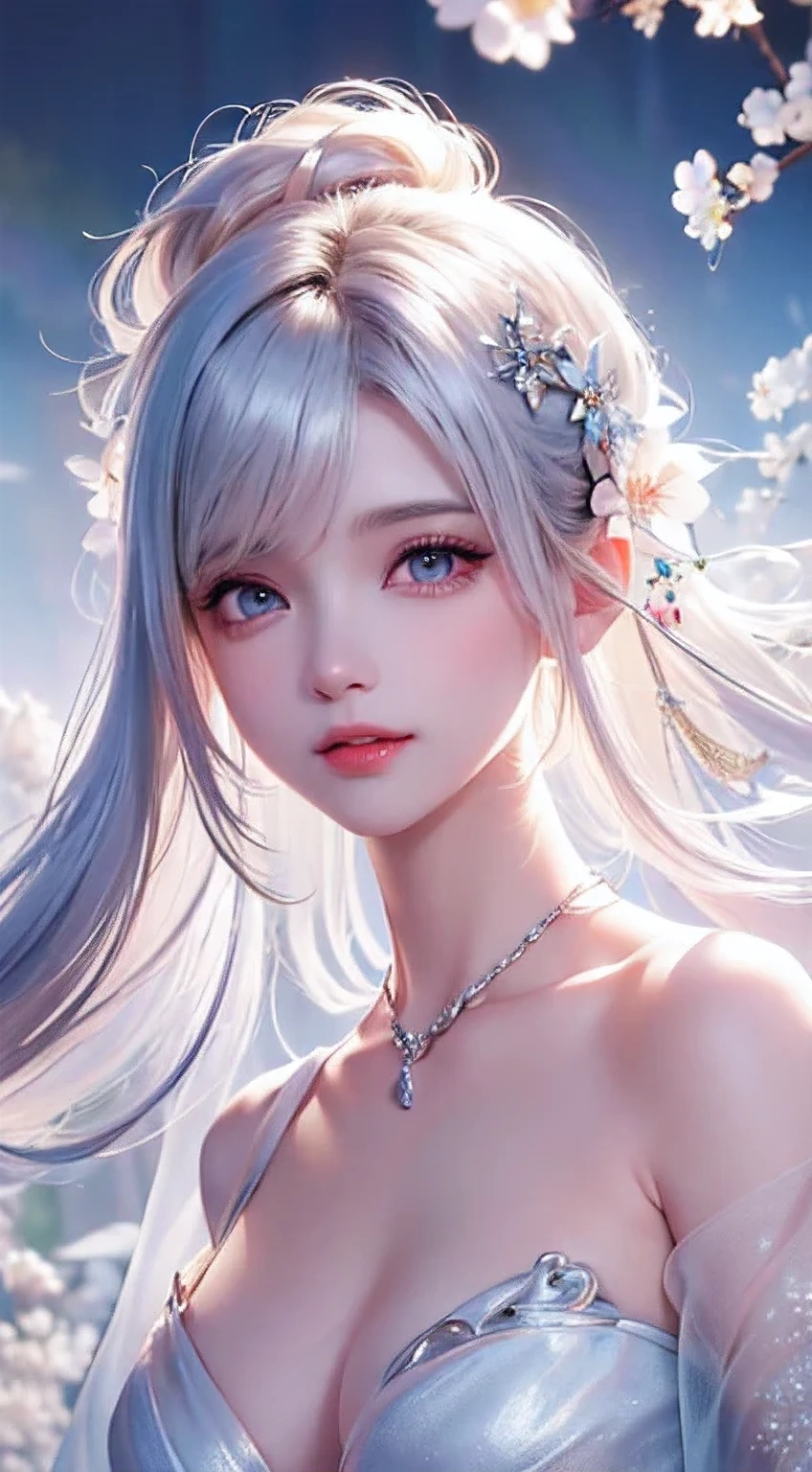((Picture from the waist up))((masterpiece:1.5、8k、Portrait、Photorealistic and very detailed CG、Very detailed、Particle Effects、Dynamic Effects、Written boundary depth、Cinematic Light、Lens flare、Ray Tracing、Tabletop、Realistic:1.4、超A high resolution:1.2、Realistic、Realistic))((alone、,A woman wearing a long shawl over a satin dress:1.4、Dynamic female pose:、Side are visible、Detailed face、Bright expression、young, Brighter, Whiter skin、Ample breasts、Best Looks、Ultimate beauty、Shiny silver hair with highlights、Bright and shiny hair,、Super long, Silky straight hair、Hair swaying in the wind))(Surrounded by fantastic transparent flowers、White background、Fantastic background、Thin petals fluttering around)