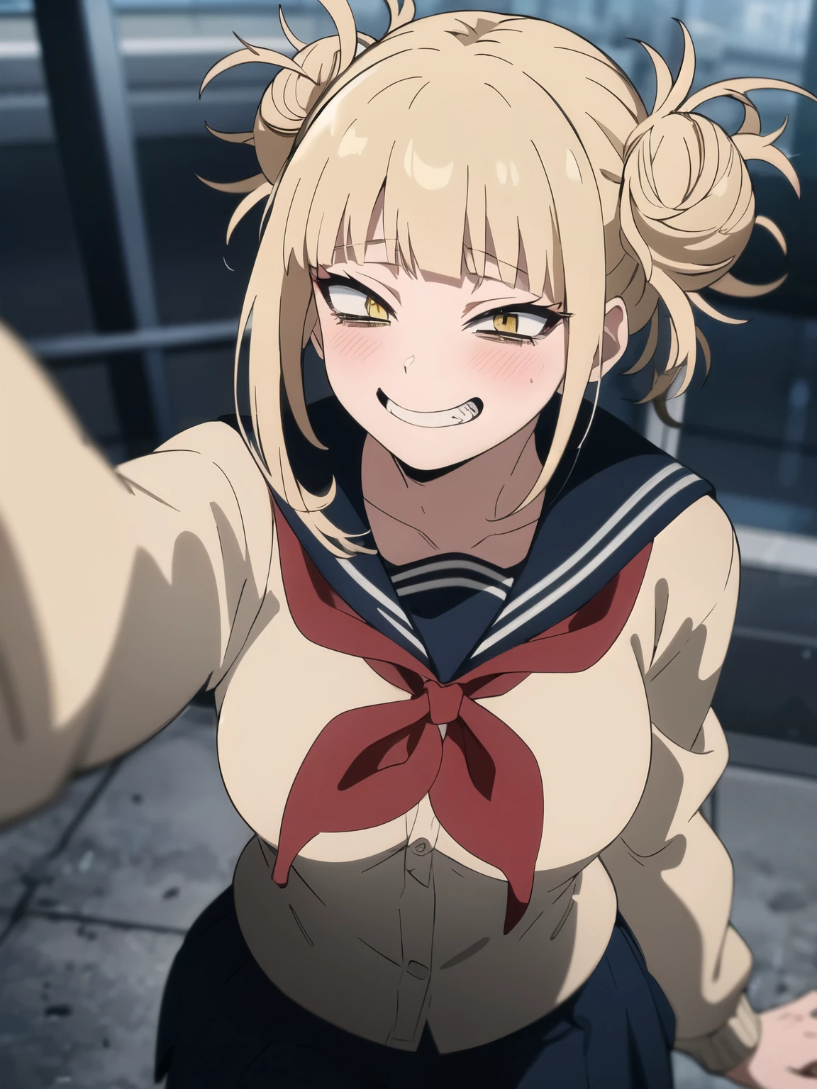 Himiko T, evil grin, crazy, evil, Dynamic pose, highest quality, masterpiece, High resolution、 (One girl, alone), Blonde, Double good, Messy Hair, bangs, (Perfect Eyes, Yellow Eyes), serafuku, Sagging under the eyes, (Close your mouth), Blue Skirt, Long sleeve, Red neckerchief, chest, View your viewers, Upper Body 、sexy、Erotic、sexy、sex appeal、Eroticチック、Big Tits、Oily skin、Seduce your audience、blush、Red cheeks、Her skirt is fluttering。