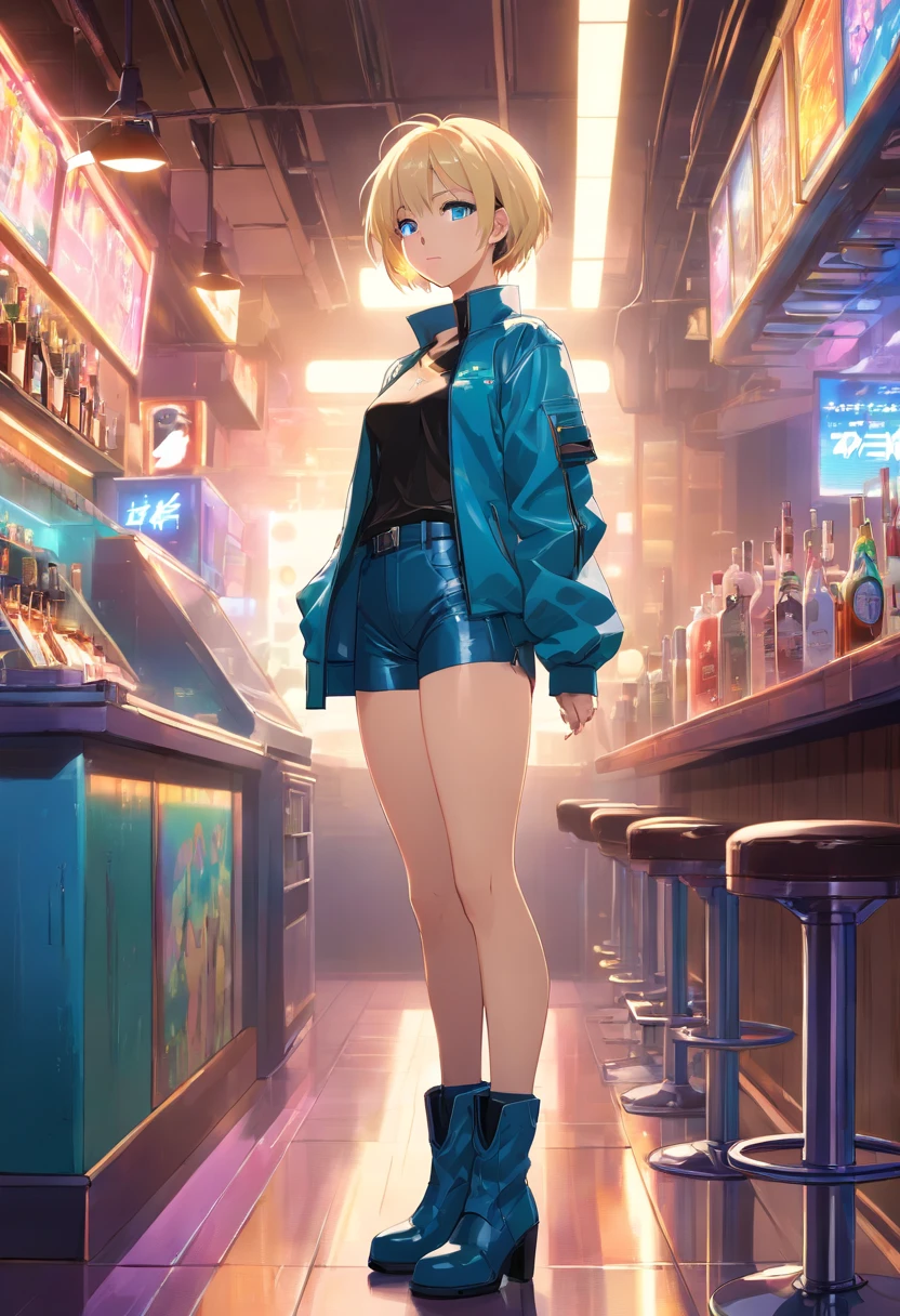  Women, ((Blonde)), ((Blue eyes)), ((Short hair)), ((Full shot)), very detailed makeup, pale pink lipstick, long earrings and jewelry.dressed cyberpunk style wearing a latex jacket, a tight-fitting black synthetic fiber t-shirt and latex pants with a steel belt sitting on a bar floor in a futuristic bar with one leg stretched out and the other up, she wears stiletto boots, the shot shows his entire body, his attitude is very sensual