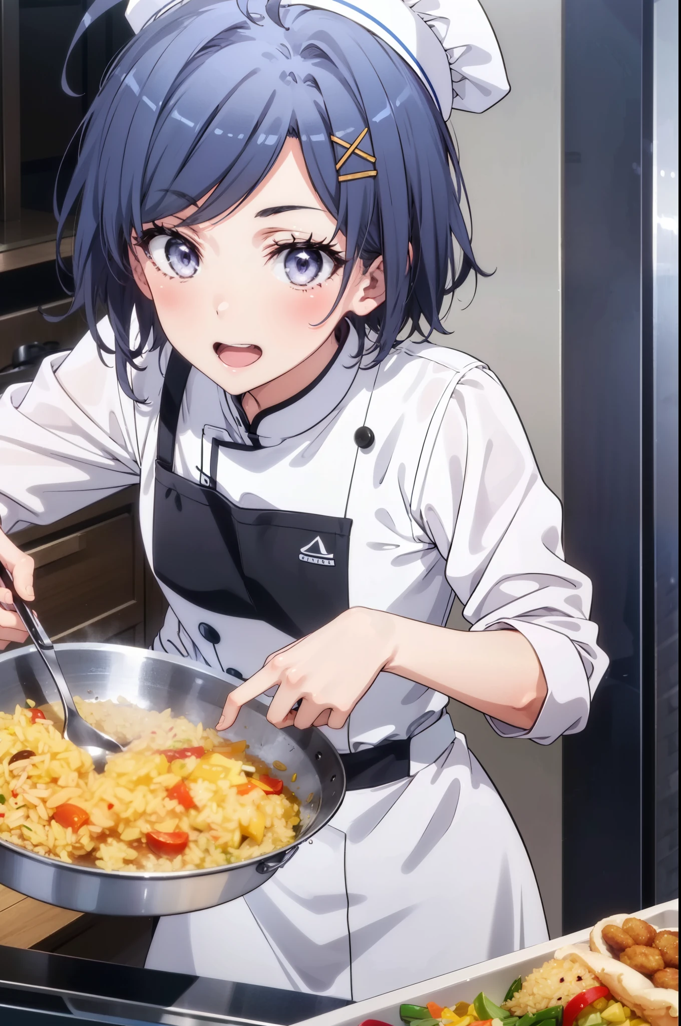 komachihikigaya, komachi hikigaya, short hair, Black Hair, hair ornaments, Ahoge, Hair Clip, x hair ornaments, (Purple eyes:1.1),tooth,happy smile, smile, Open your mouth,chef uniform, chef hat, chef, Zend 4y4, cooking, Chinese pan, fire, fried rice, Stove, フレームから足が外れている
break indoors, kitchen,
break looking at viewer, (Cowboy Shot:1.5),
break (masterpiece:1.2), highest quality, High resolution, unity 8k wallpaper, (shape:0.8), (Beautiful details:1.6), Highly detailed face, Perfect lighting, Extremely detailed CG, (Perfect hands, Perfect Anatomy),