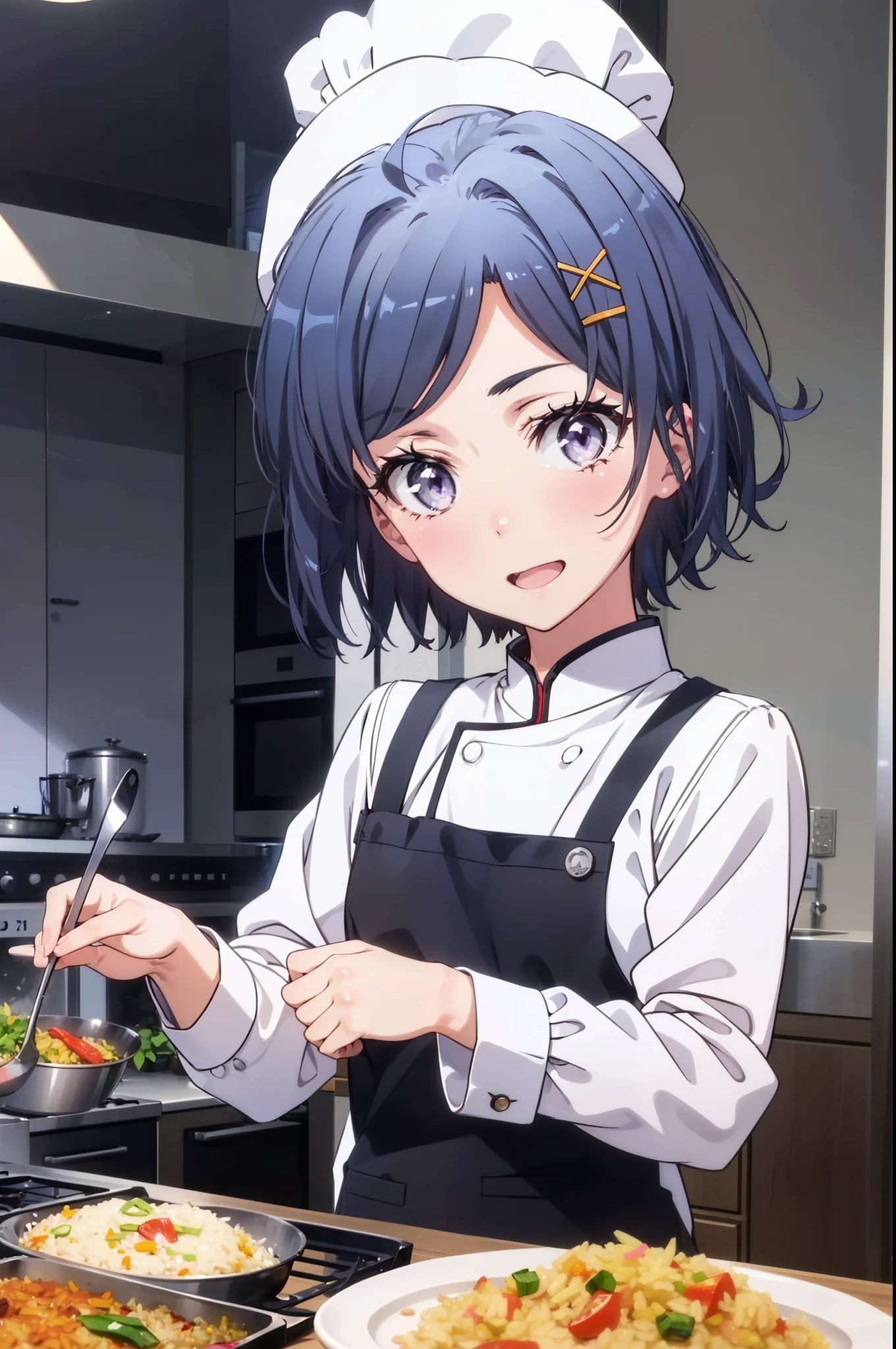 komachihikigaya, komachi hikigaya, short hair, Black Hair, hair ornaments, Ahoge, Hair Clip, x hair ornaments, (Purple eyes:1.1),tooth,happy smile, smile, Open your mouth,chef uniform, chef hat, chef, Zend 4y4, cooking, Chinese pan, fire, fried rice, Stove, フレームから足が外れている
break indoors, kitchen,
break looking at viewer, (Cowboy Shot:1.5),
break (masterpiece:1.2), highest quality, High resolution, unity 8k wallpaper, (shape:0.8), (Beautiful details:1.6), Highly detailed face, Perfect lighting, Extremely detailed CG, (Perfect hands, Perfect Anatomy),