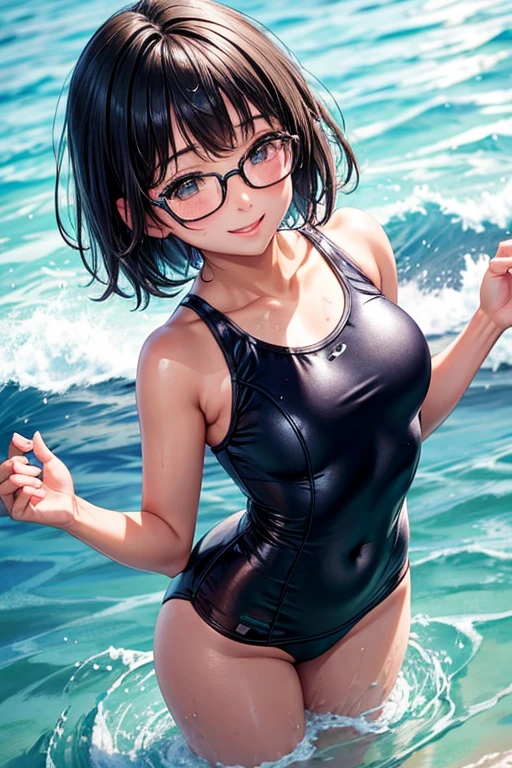 School Swimsuit、Japanese women、Black short hair、Gloss、smile、high resolution、Photorealistic、Glasses、soaked、