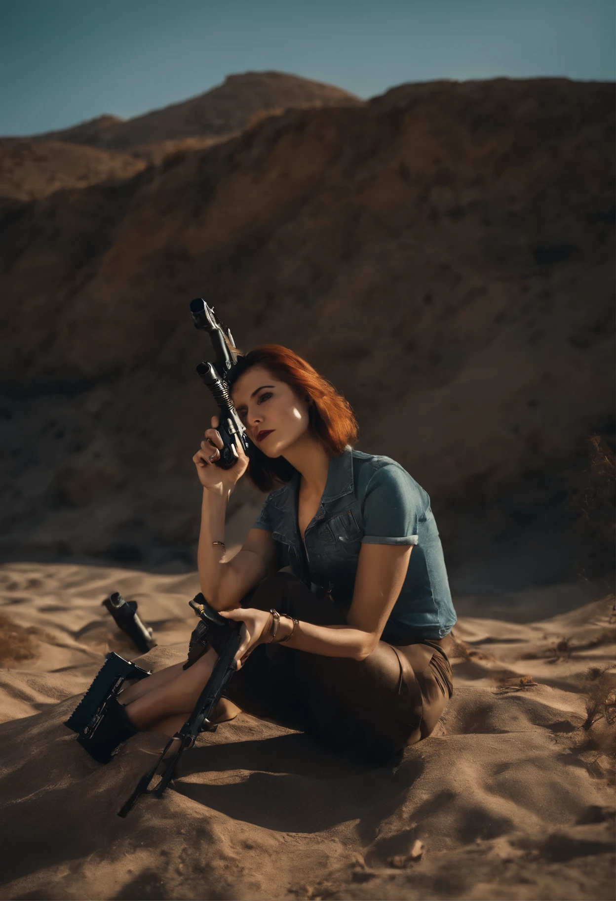 photo, (Reality: 1.4), (Surrealism: 1.4), (Movie: 1.5), Female in her 20s, Japan, Woman with a gun, (Desert Eagle), Nikita, night, Blu-ray, nervous, short hair, Holding the gun with both hands, basement, Black T-shirt, Wires on the wall, water pipe