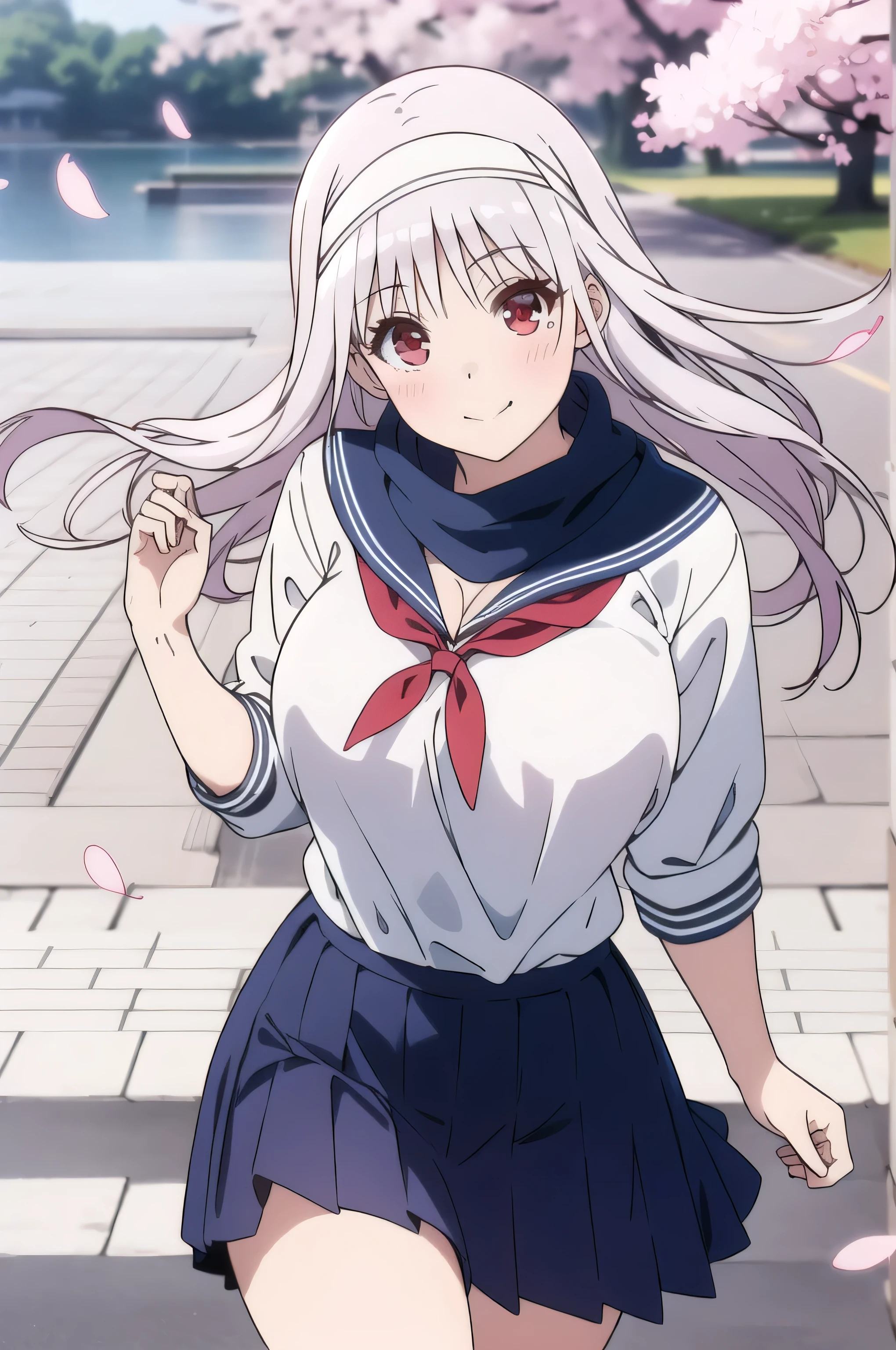 (masterpiece, highest quality, Very detailed, 16k high definition anime, Anatomically perfect body),(yuna_yunohana), 1girl,One girl、Perfect Face、Cute face、Beautiful Face、smile、Beautifully detailed eyes、A little droopy、Red eyes、Silver Hair、Long Hair、Ghost Scarf、(Large Breasts:1.5)、Beautiful cleavage、(sailor suit top、Short length), Beautiful cleavage、 (Navy Blue Skirt、School Uniforms), Smooth body lines、Wide hips:1.2、Big Ass:1.2、High Body、Beautiful long legs、(Floating、Round your waist、Bend your knees)、View your viewers、(Cherry blossom park background、Cherry tree、SakuraFubuki )、Above-the-knee photos、