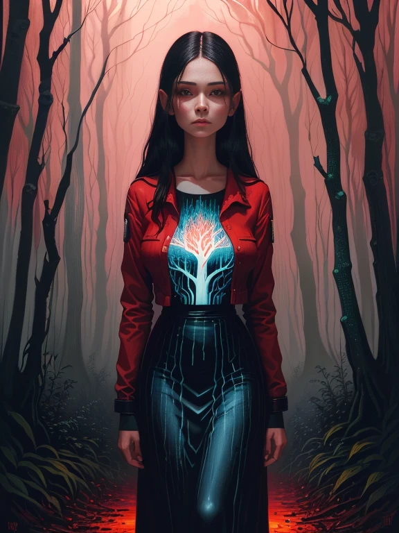 Painting of a woman walking through a forest with a red sky, Woman in the dark forest, Casey Weldon, eerie art style, Standing in a dark forest, In the art style of Bouwater, Girl walking in dark forest, Charlie Bowater's art style, Spooky and gloomy art style, With eyes that glow red, Charlie Bowter's Style, Elegant horror art