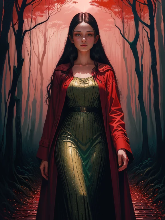 Painting of a woman walking through a forest with a red sky, Woman in the dark forest, Casey Weldon, eerie art style, Standing in a dark forest, In the art style of Bouwater, Girl walking in dark forest, Charlie Bowater&#39;s art style, Spooky and gloomy art style, With eyes that glow red, Charlie Bowter&#39;s Style, Elegant horror art