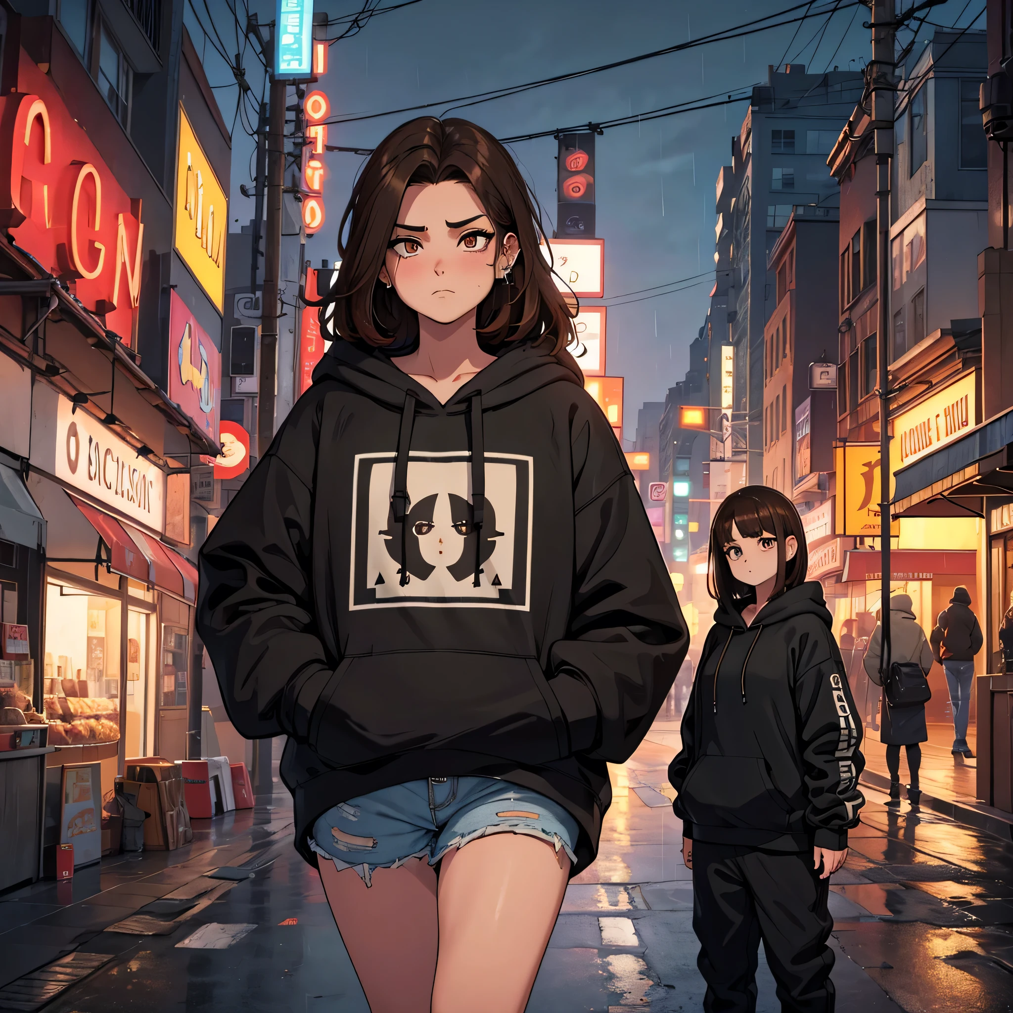create a blank mock up for a faded black washed hoodie, retro baggy, 90s look, brown hair, with a dark theme, beautiful female thin face, piercings on face, loose fit, baggy, pretty eyes, absolutely blank hoodie, city night life in background, rain