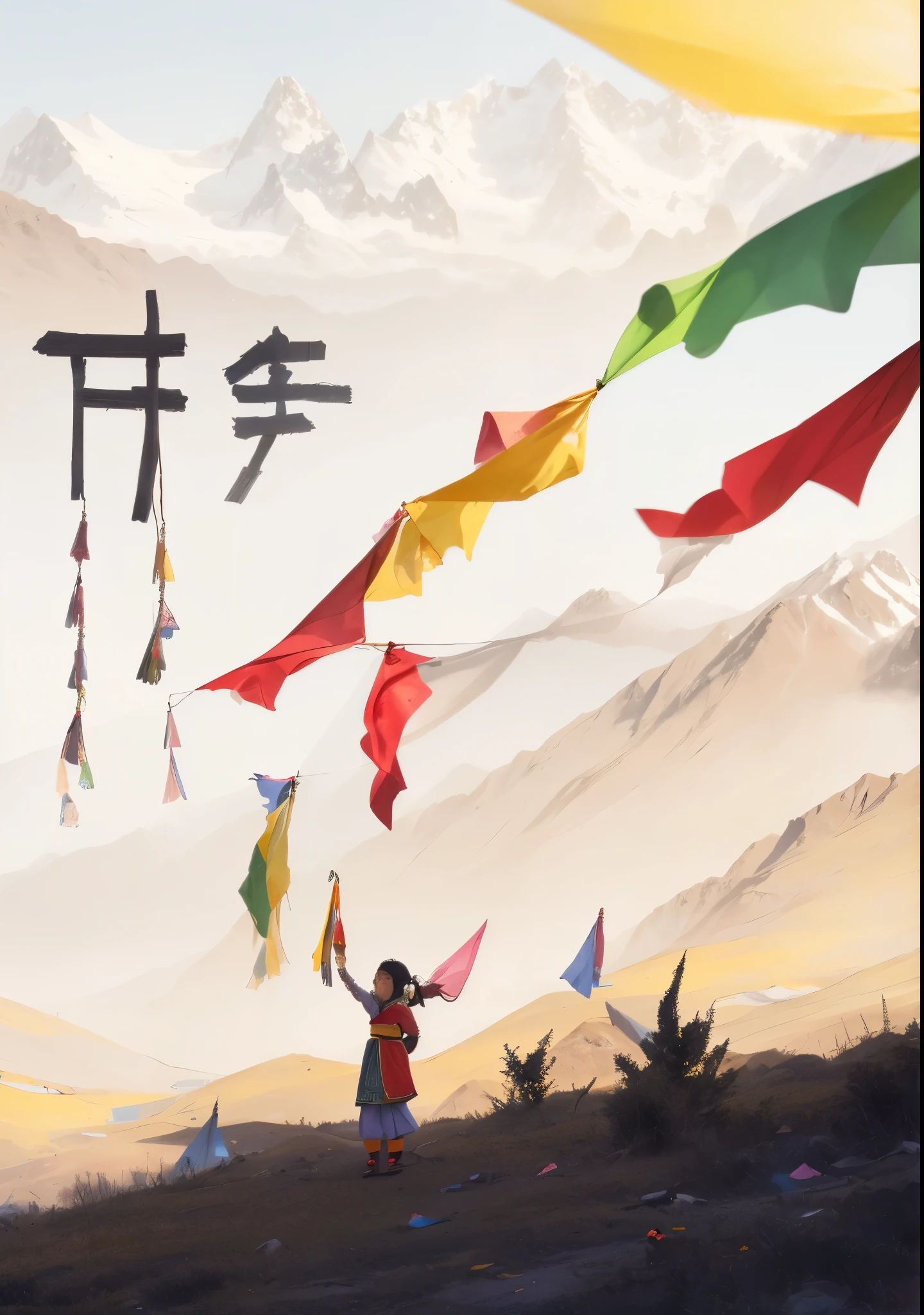 A girl in Tibetan costume standing on the grass,Against the wind,Colorful prayer flags fluttering,Snow-capped mountains in the distance