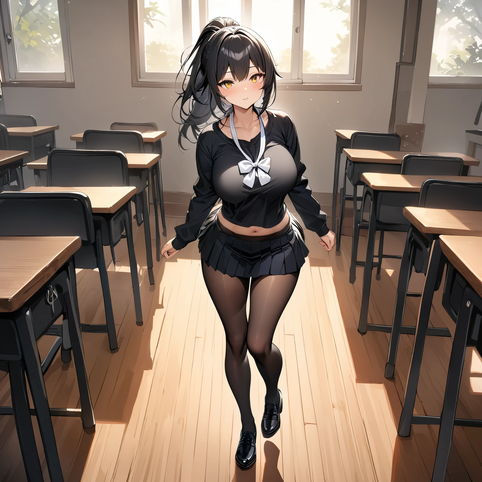 A woman wearing a black school t-shirt with long sleeves, short black skirt, black tights, black women's shoes, exposed abdomen, large breasts, white bow around her neck, long black hair, ponytail, white bow in her hair, walking in a Japanese school room, yellow eyes, full body, bloom, very detailed ultra definition, HDR, masterpiece, perfect texture, masterpiece, 8K HD (woman alone)