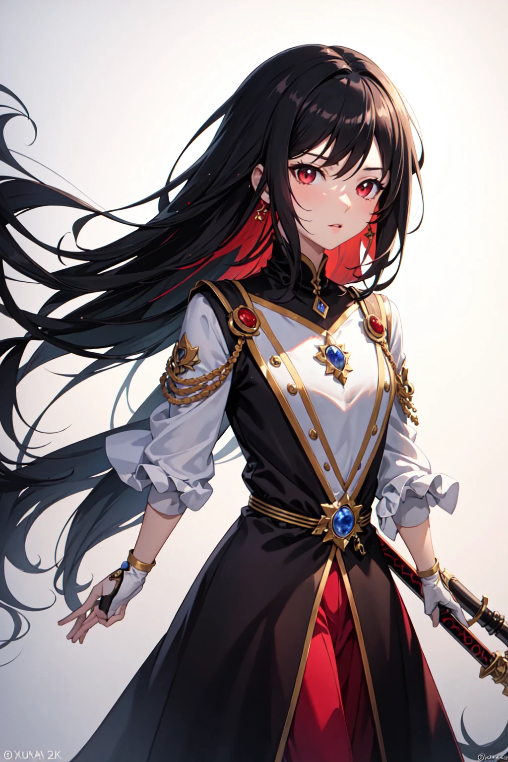 ((best quality)), ((masterpiece)), (detailed), perfect facemake me an anime character, good image quality, woman with black hair, carrying a red sword, shiny red eyes, cold face, high quality 4k, fantasy clothes, exuding an aura of authority, beautiful and graceful, flat face, cool, nice