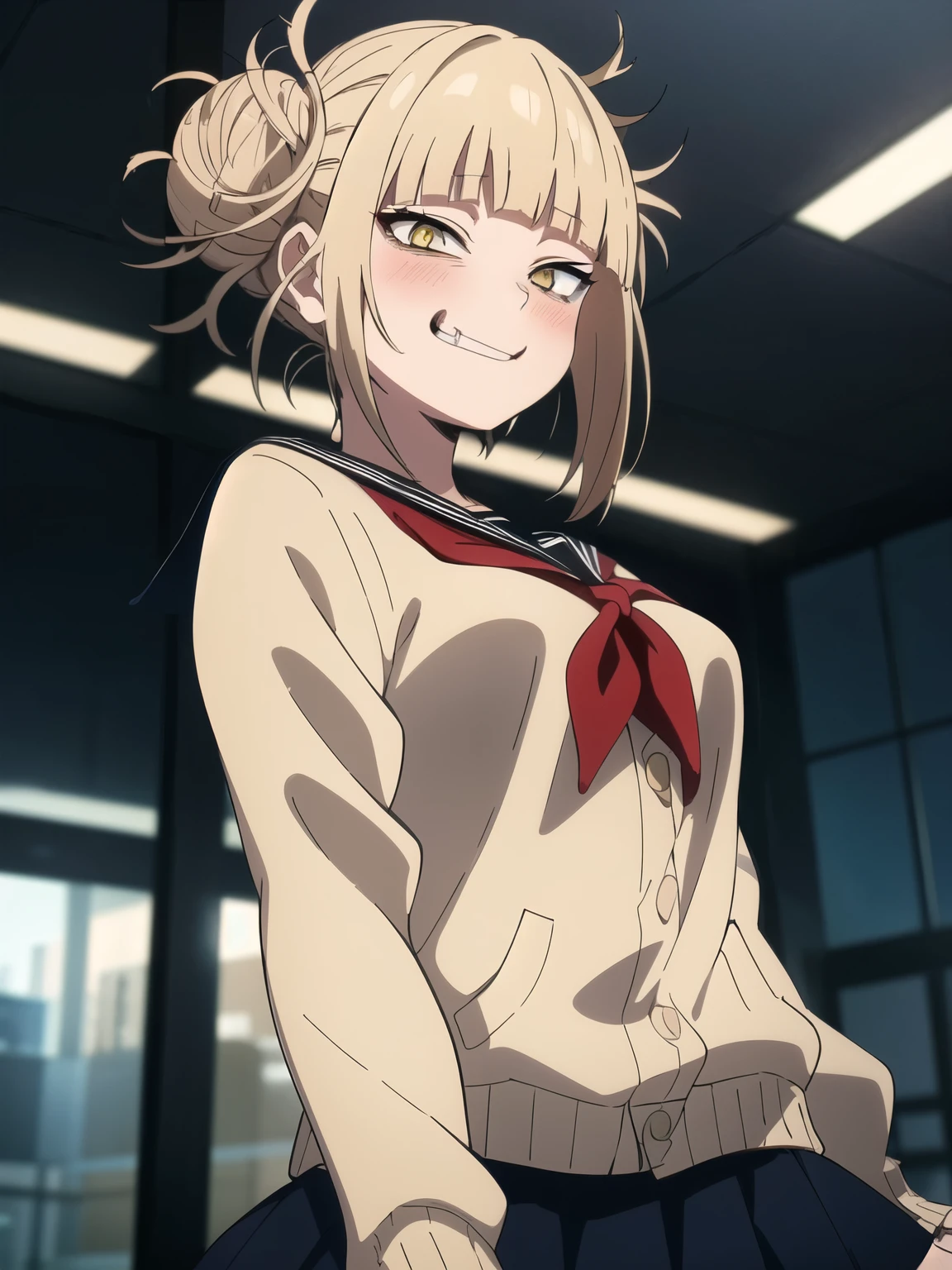Himiko T, evil grin, crazy, evil, Dynamic pose, highest quality, masterpiece, High resolution、 (One girl, alone), Blonde, Double good, Messy Hair, bangs, (Perfect Eyes, Yellow Eyes), serafuku, Sagging under the eyes, (Close your mouth), Blue Skirt, Long sleeve, Red neckerchief, chest, View your viewers, Upper Body 、sexy、Erotic、sexy、sex appeal、Eroticチック、Big Tits、Oily skin、Seduce your audience、blush、Red cheeks