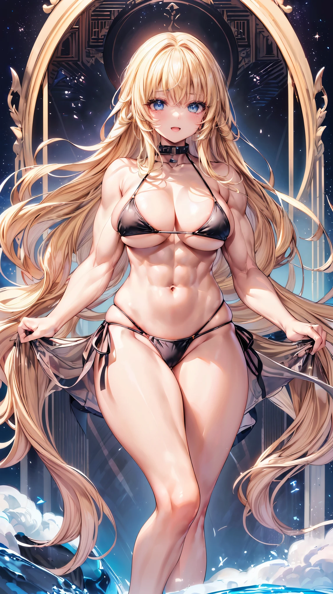 Very detailed、highest quality、Best image quality、masterpiece、8k、Anime Face、A kind smile、(Open your mouth:1.3)、Sparkling blue eyes、(blonde medium long hair:1.5)、(Muscles of the whole body:1.3)、(High leg:1.5)、Thigh belt、(Black high-cut bikini:1.5)、(Cowboy Shot:1.5)、(SFW Giant)、(Thick body:1.2)