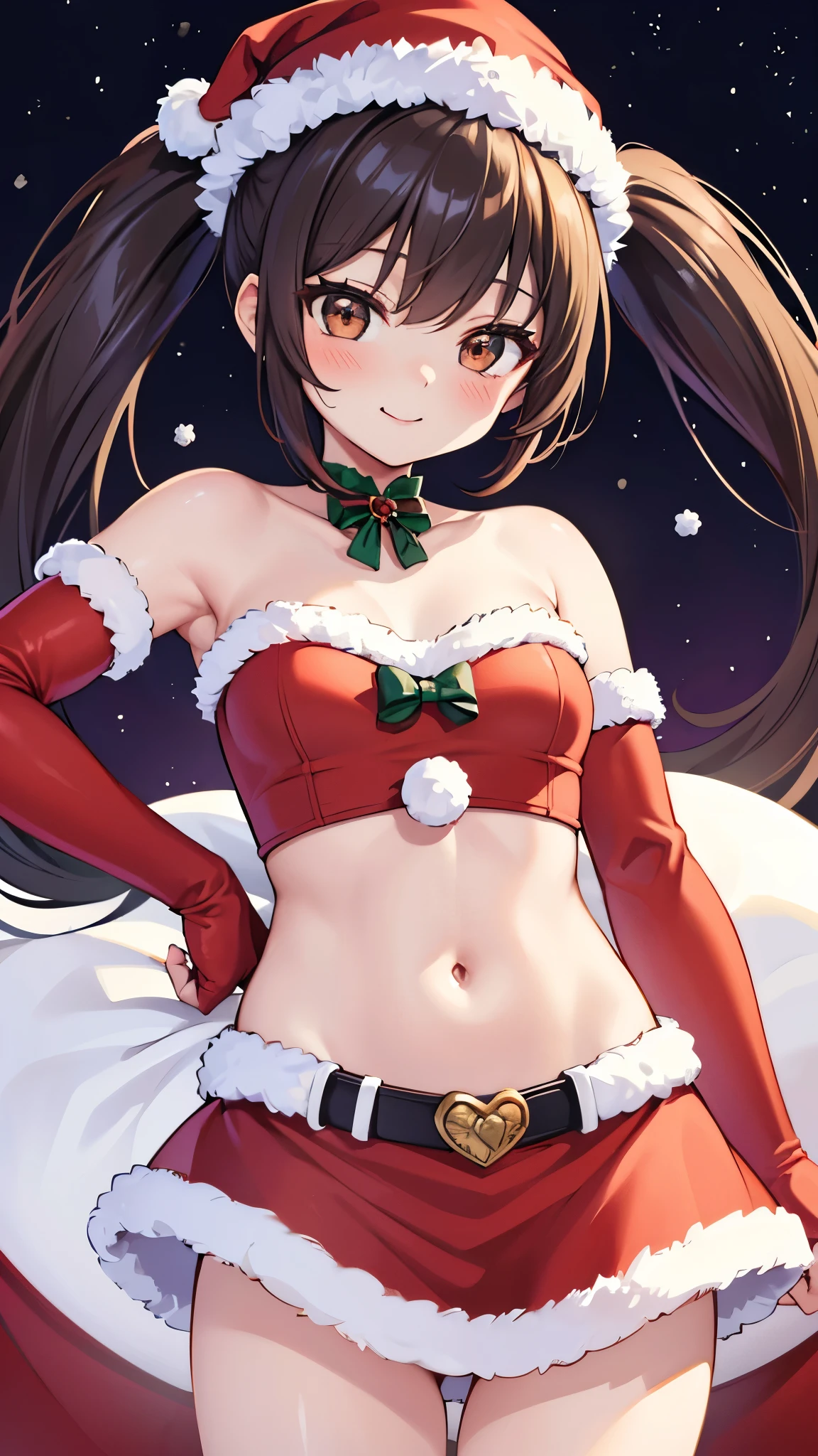 1peopleの女の子, 一peopleで, masterpiece, highest quality, High resolution, Very detailed, (figure), Beautiful fine details, Rise Kujikawa (people) ,Twin tails, Brown eyes ,Glossy Lips, compensate, smile, long White elbow gloves, Cowboy Shot, (Santa), red Santa dress, Santa hat, Strapless Dress, White elbow gloves