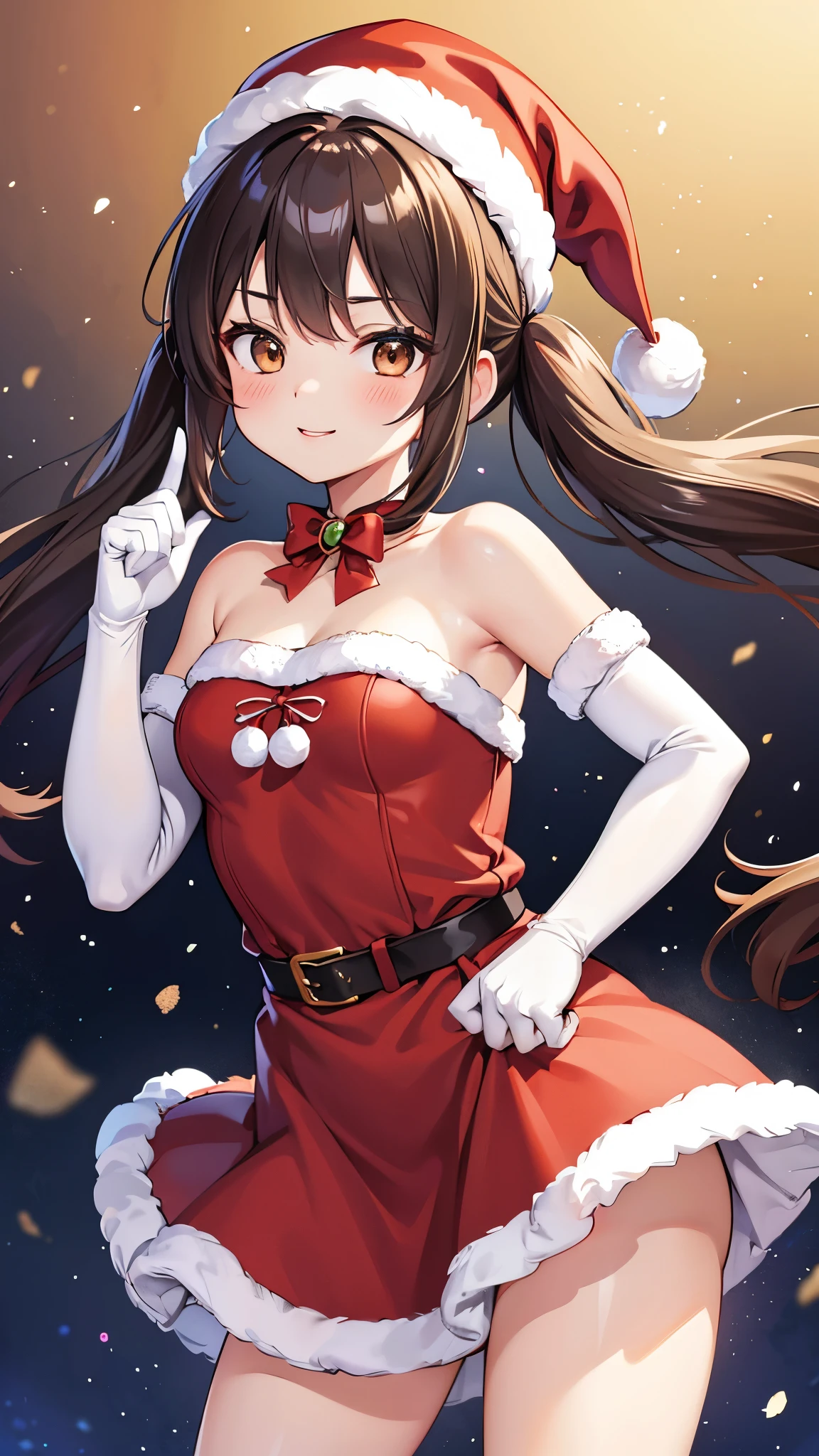1peopleの女の子, 一peopleで, masterpiece, highest quality, High resolution, Very detailed, (figure), Beautiful fine details, Rise Kujikawa (people) ,Twin tails, Brown eyes ,Glossy Lips, compensate, smile, long White elbow gloves, Cowboy Shot, (Santa), red Santa dress, Santa hat, Strapless Dress, White elbow gloves