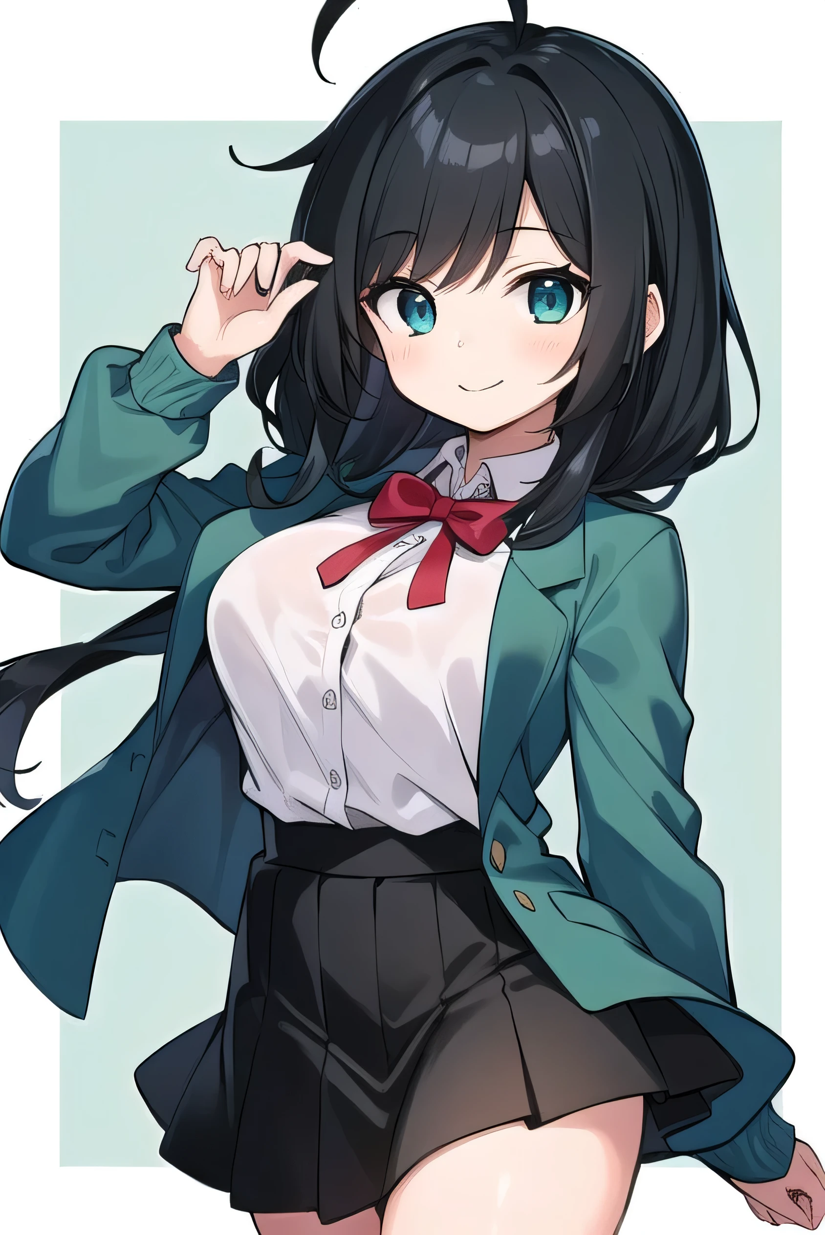 Junior high school student who looks like an elementary school student, 14 years old, very short, 140 cm tall, black hair with a slight green tinge, short ahoge, beautiful long hair but with a little hair sticking out, beautiful round eyes, blue eyes, smile, boyish, long sleeves, Thick clothes, skirt, big breasts, hair longer than waist, long hair, childish face, gentle smile, a little shy, black skirt, black hair with a slight green tinge, boyish, gentle smile, jacket one size larger, ( Deep greenish black hair: 1.3),her bra is visible