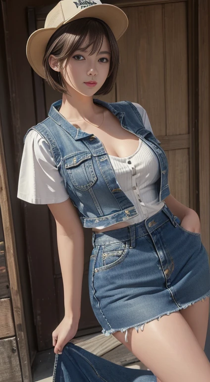 (masuter piece:1.3)、(8K、Photorealsitic、Raw photography、top-quality: 1.4)、(1girl in)、Beautiful face、(Lifelike face)、(light bege hair、short-hair)、((Huge))、 (Denim Vest、Button Open、no brassiere)、(super short denim skirt)、(boots)、(Baseball Cap)、(are visible)、(Big buttocks)、(Standing in an empty town)、realisticeyes、Beautiful details、(real looking skin)、Beautiful skins、absurderes、enticing、超A high resolution、A hyper-realistic、high-detail、the golden ratio