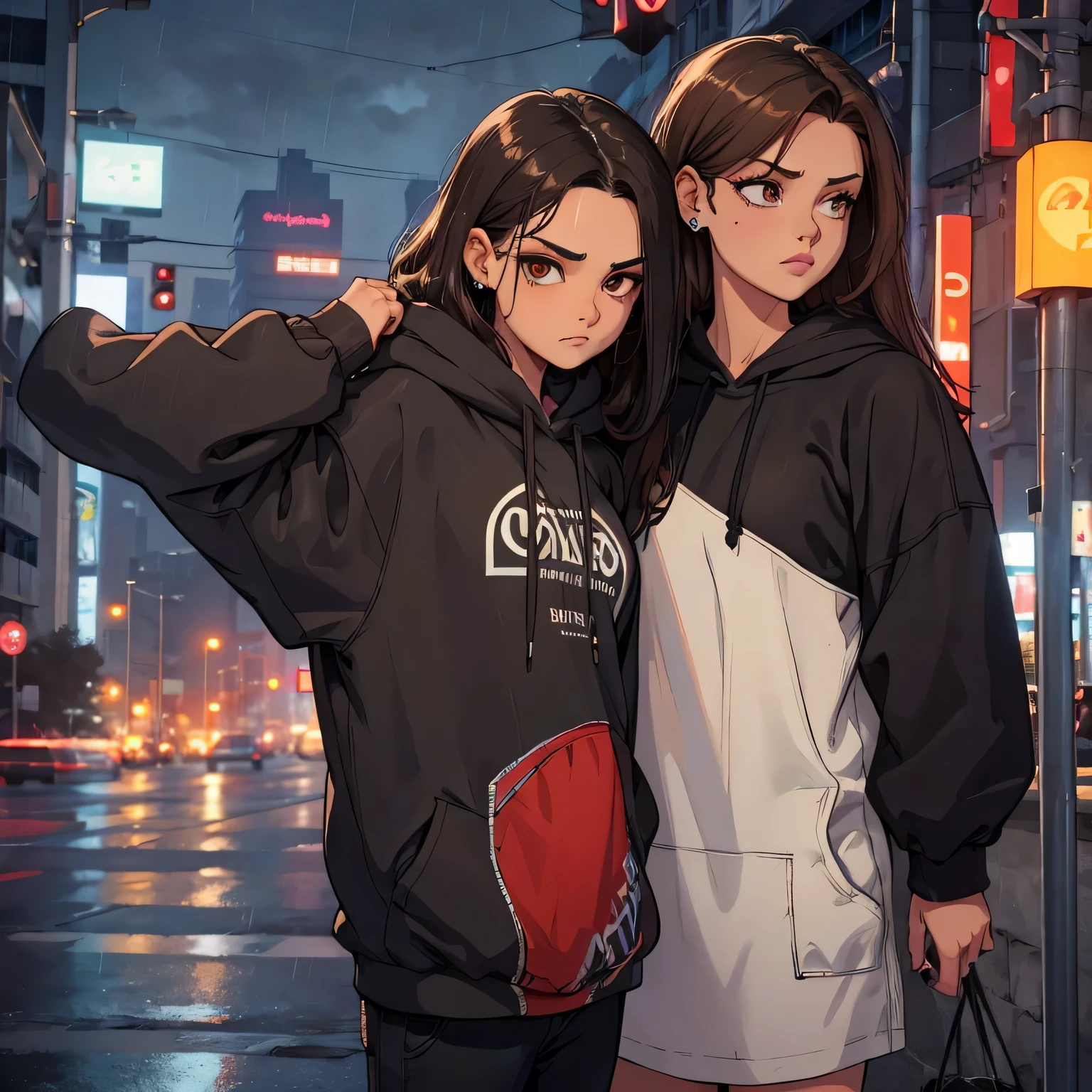 create a blank mock up for a faded black washed hoodie, retro baggy, 90s look, brown hair, with a dark theme, beautiful female thin face, piercings on face, loose fit, baggy, pretty eyes, absolutely blank hoodie, city night life in background, rain
