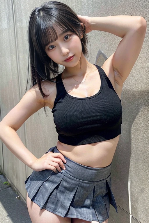 Tabletop, Super Detail, highest quality, High resolution,(((whole body))),Black Hair,Detailed face,Cute face , ((Anatomically correct)),, ((One Girl)), (alone), university student,Tank top,mini skirt,((Make the skirt very short)),Huge breasts,Big Ass,((Show your armpits)),(Excessive sweating under the arms)