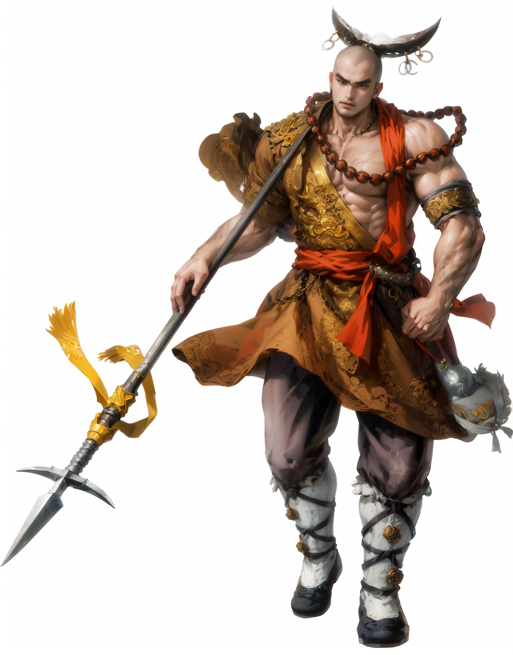 (absurdres, highres, ultra detailed, HDR), masterpiece, intricate details, best quality close-up picture of a character from suikoden, a character with handsome looks, korean face, bald head without hair, anime blue eyes, smirking face, matured teen, tim Burton theme, topless outfit showing chest,Wear a large rosary necklace around your neck, detailed underworld town setting background, big moon scenery, detailed character, art kenouji, arafed male with a sword and a shield in his hand, 3 d render character art 8 k, barbarian, yasuke 5 0 0 px models, conan, picture of an adult male warrior, fighting game character, hybrid from dynasty warriror, ne zha from smite, male barbarian, male warrior, fantasy character octane render, barbarian warrior, highly detailed character,a close up of a man with a sword and a hat, inspired by Hu Zaobin, inspired by Yang Jin, chinese warrior, inspired by Huang Shen, male warrior, guan yu, sun wukong, inspired by Du Jin, inspired by Li Kan, inspired by Dai Jin, legendary god holding spear, concept art of a warrior