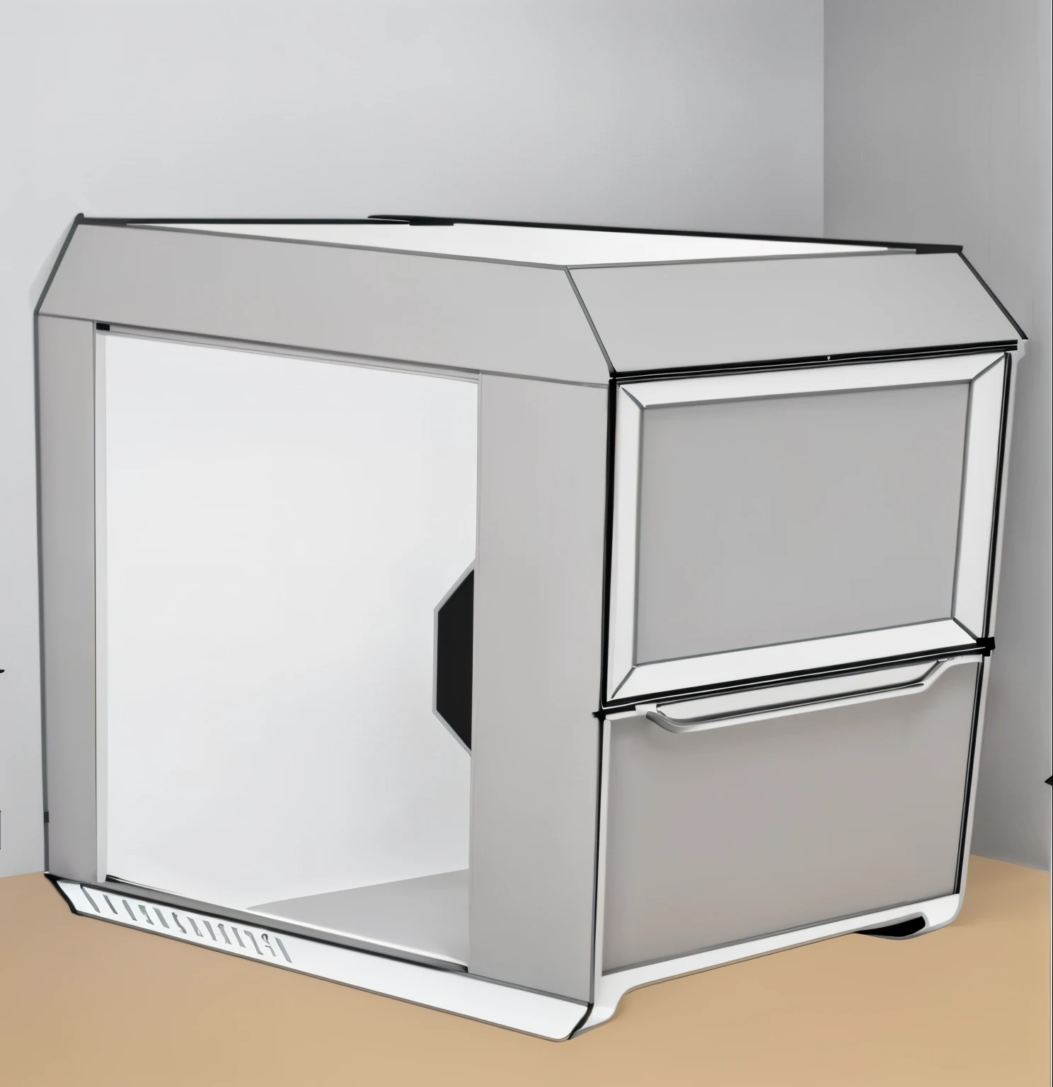 Gray tone，product design，There is a side door on the left，There is a sliding door at the bottom front