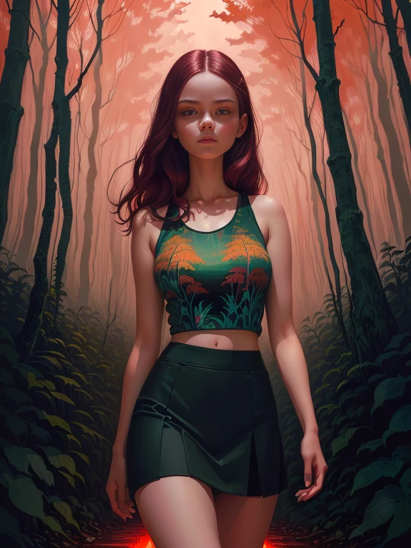 Painting of a woman walking through a forest with a red sky, Woman in the dark forest, Tank top and mini skirt、Casey Weldon, eerie art style, Standing in a dark forest, In the art style of Bouwater, Girl walking in dark forest, Charlie Bowater&#39;s art style, Spooky and gloomy art style, With eyes that glow red, Charlie Bowter&#39;s Style, Elegant horror art