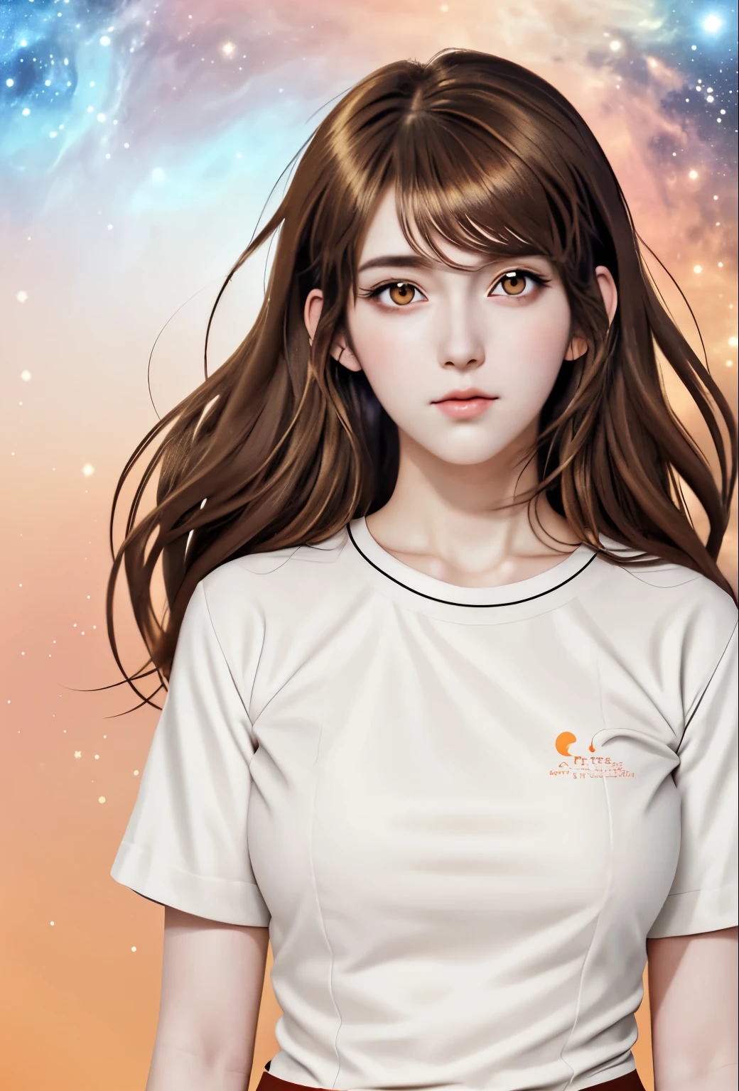 girl, brown hair, orange eyes, arms crossed, in the middle of the cosmos, ((anime style)), white shirt, soft colors, colorful background, cosmic background, soft strokes