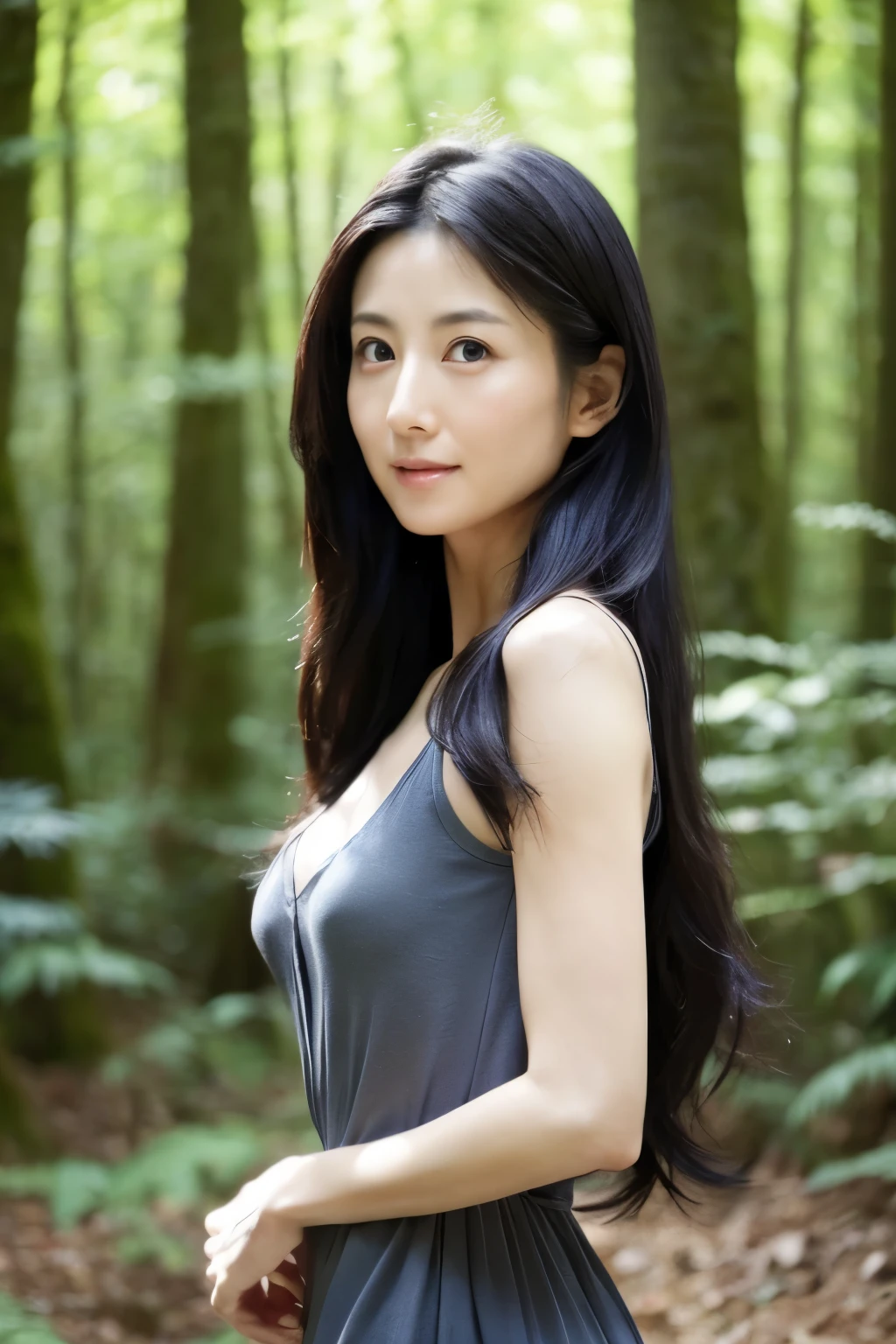 A Japanese lady, 35 years old, small breasts, thin waist, beautiful face, beautiful eyes, natural make up, black long hair, wearing a casual dress, standing in the forest, looking longingly at a viewer, 1girl in, solo, detailed face and eyes, detailed fingers and arms. Full body photo. Realistic, Photorealistic.