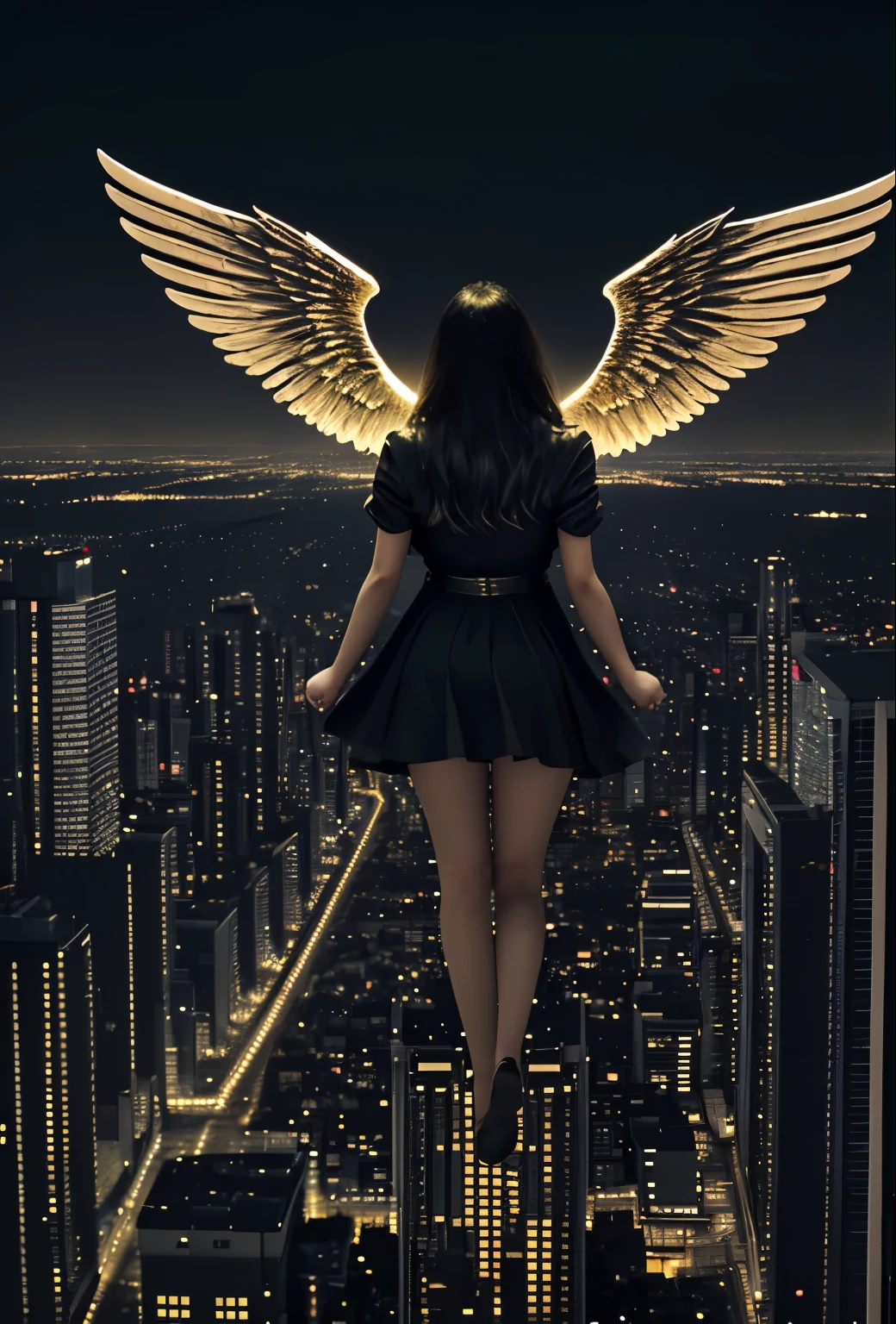 This image depicts an angel woman hovering over a city at night. The city lights create a golden and dramatic atmosphere, while its delicate presence and dark wings contrast with the urban environment. The woman seems protective and vigilant.