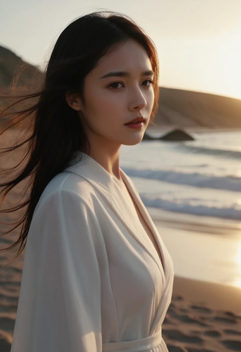 cinematic photo {sll,1girl,solo,beach,wind,looking at viewer,short coat,long dress,dusk,upper body,} . 35mm photograph,realistic,high quality,highres,professional,4k,highly detailed,professional,realistic photograph,transparent,