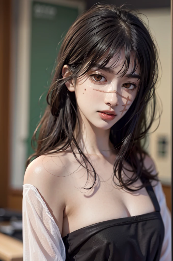 (hyper-realistic), (illustration), (high resolution), (8K), (extremely detailed), (best illustration), Yoru ( Chainsaw Man ), (beautiful detailed eyes), (best quality), (ultra-detailed), (masterpiece), (wallpaper), (detailed face), solo, upper body, focus on face, 1 girl, long black hair, Korean, thin eyeshadow, well-detailed eyes, brown eyes, small moles under the eyes, long sleeve shirt, neck bow,  small breasts, pinafore dress, dynamic pose, low lighting, classroom, night, dark,  naked portrait, nude photography, shiny nipple, show armpit 