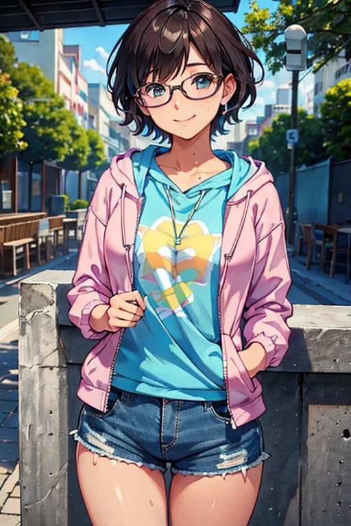 Cute woman、Stylish T-shirt、Shorts、Wavy very short hair、Pastel colored hoodie jacket、Glasses、High definition、4K resolution、Photorealistic、tourist spot、smile、Sweating