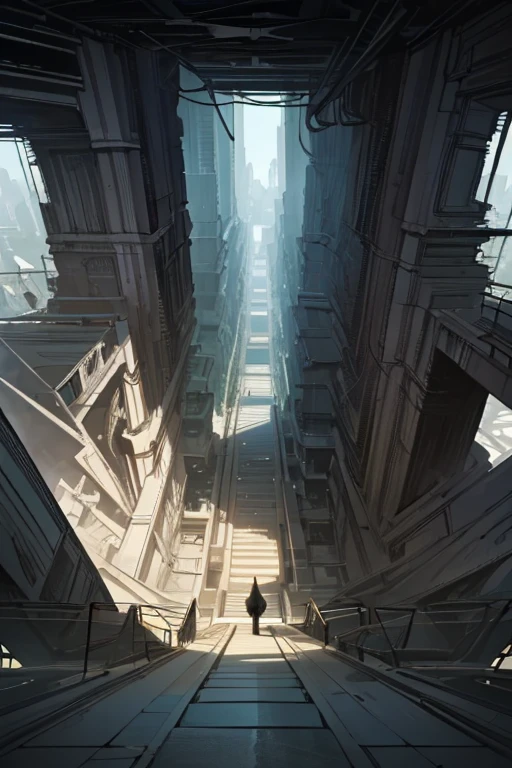 (obra de arte:1.2, Melhor qualidade), ( panoramic scene showing the immensity of the city)  a sea of futuristic ruins and labyrinthine corridors stretch endlessly on all sides, labyrinthine city.