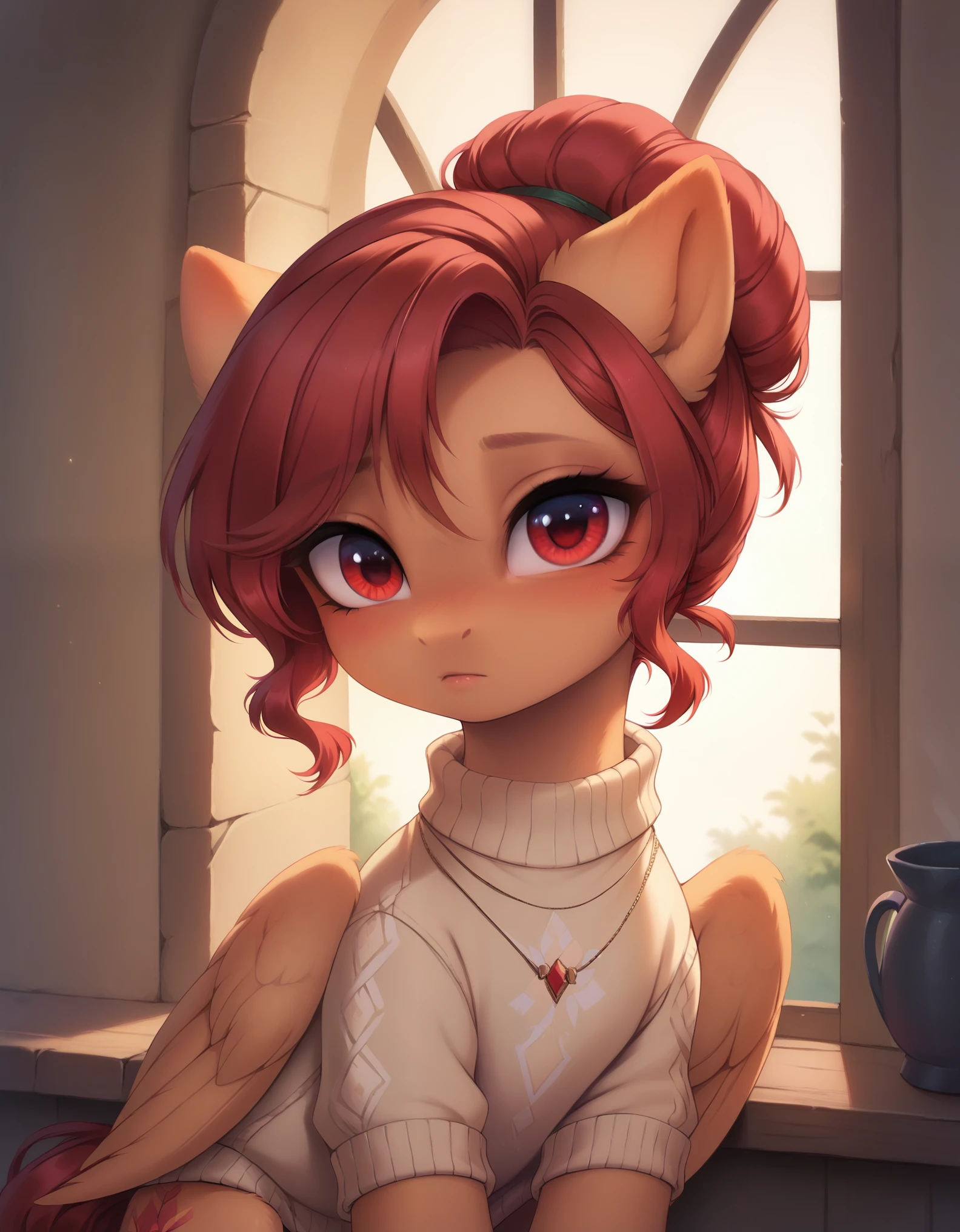 (high quality, detailed, beautiful), score_9, score_8_up, score_7_up, score_6_up, feral pony, white fur, red hairbun, short tail, bun tail, filly pony, female pony, 1 girl, pegasus, shy, short legs, cute, looking at viewer, standing, white and brown sweater, ruby eyes