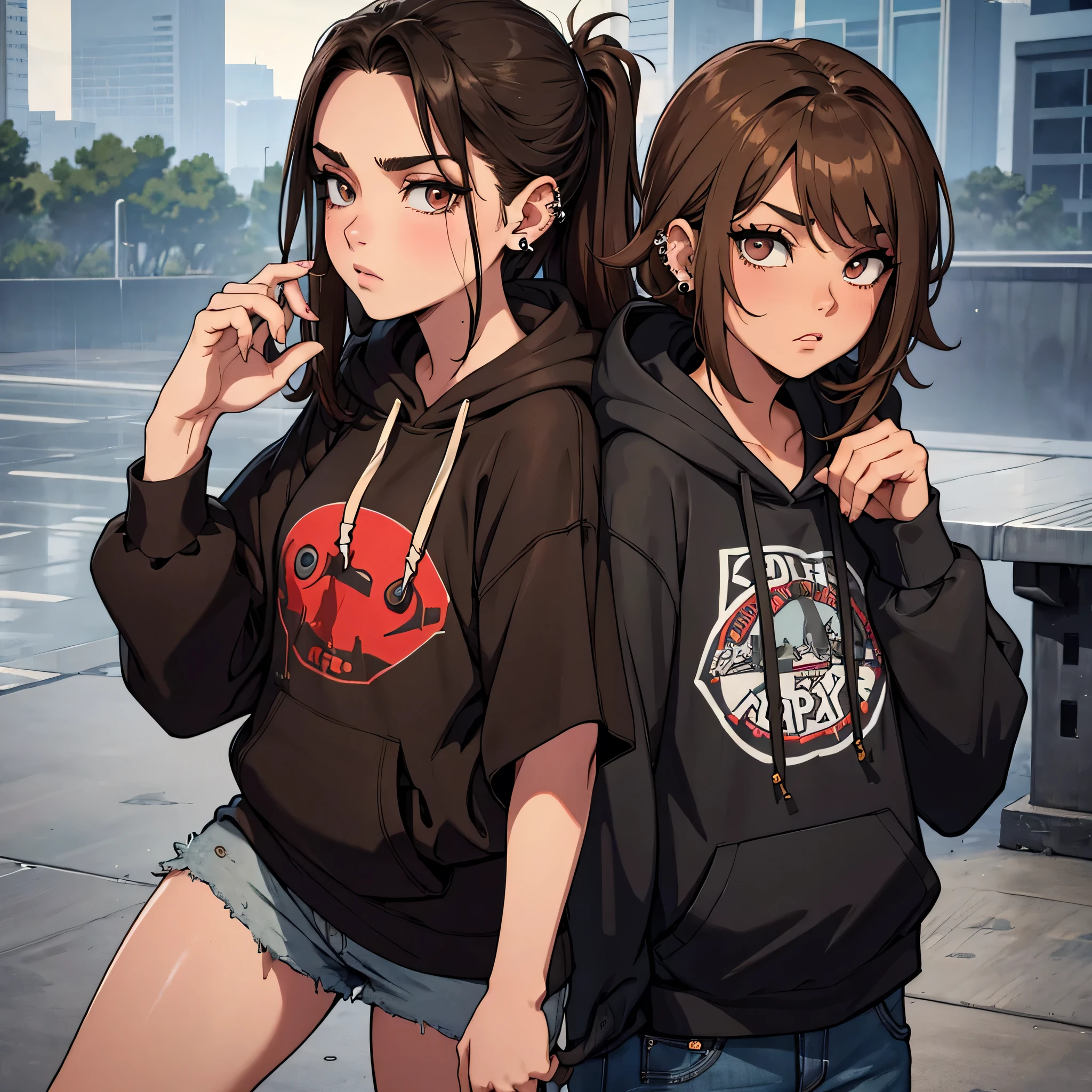 chibi, walking,
long_hair, brown_hair, no_bangs, blue_eyes, green_eyes, dreamy, mask, black_clothes, hoodie, black_hoodie, black_sweater, black_sweatpants, no_boobs, small_boobs, small_breasts, alan_walker, walker