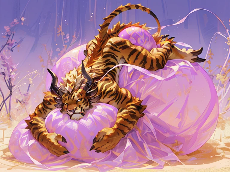 A charr from guild wars laying on a big pink balloon.