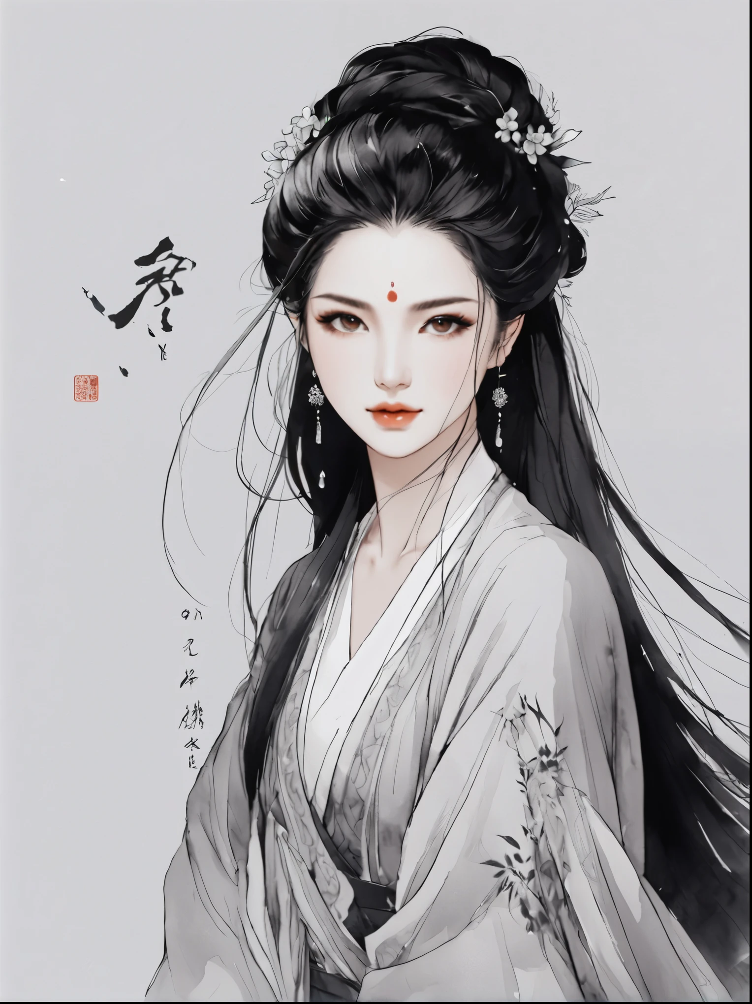 Ink painting style，Ancient beauty has a beautiful face，Long hair，The whole painting is a close-up high-definition photo of the upper body of the person，Solid color background，Clean background