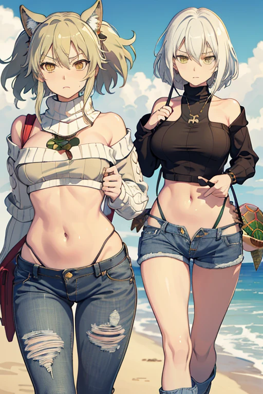 (((Hikage from Senran Kagura))), masterpiece, Best Quality, pixiv, Cowboy Shot, 1girl in, big breasts, wide hips, Looking at Viewer, Solo, (((((Sweaters, turtle neck, hot pants, bottom jeans))))), (short Hair), ((Blank stare, serious face)), sitting at beach side, 32K, Best Quality, masutepiece, Super Detail, high details, hourglass body type,