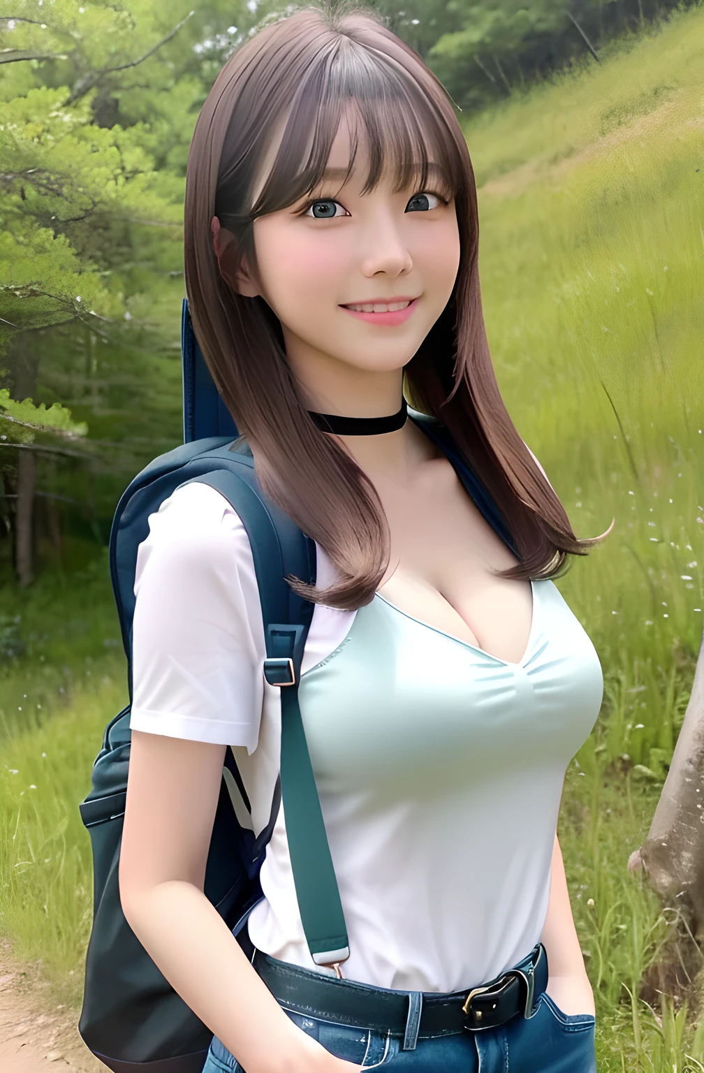 Product quality, One girl per photo, Cowboy Shot, Front view, Cute young Japanese woman, Long Bob Hair, Very smiling, ((Backpack)), Very cute face, Glossy Lips, Double eyelids on both eyes, Natural Makeup, shiny smooth light brown hair of Long Bob Hair, asymmetrical bangs, High resolution, Attention to detail, Detailed hairstyle, Detailed face, Cinema Lighting, Octane Rendering, Ultra-realistic, Perfect limbs, Perfect Anatomy, Black Choker, blue eyes, Very long eyelashes, bangs, Fantasy, ((The body is slim, Slim face, Cleavage)), good attitude, elegant, grows well, In the mountains, Big Breasts, hiking, Greens, Greens