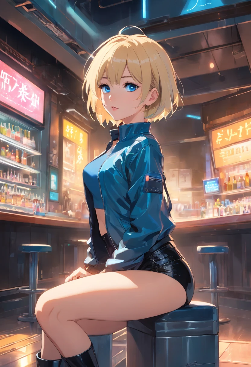 17 years old Women, ((Blonde)), ((Blue eyes)), ((Short hair)), ((Full shot)), very detailed makeup, pale pink lipstick, long earrings and jewelry.dressed cyberpunk style wearing a latex jacket, a tight-fitting black synthetic fiber t-shirt and latex pants with a steel belt sitting on a bar floor in a futuristic bar with one leg stretched out and the other up, she wears stiletto boots, the shot shows his entire body, her attitude is so hot