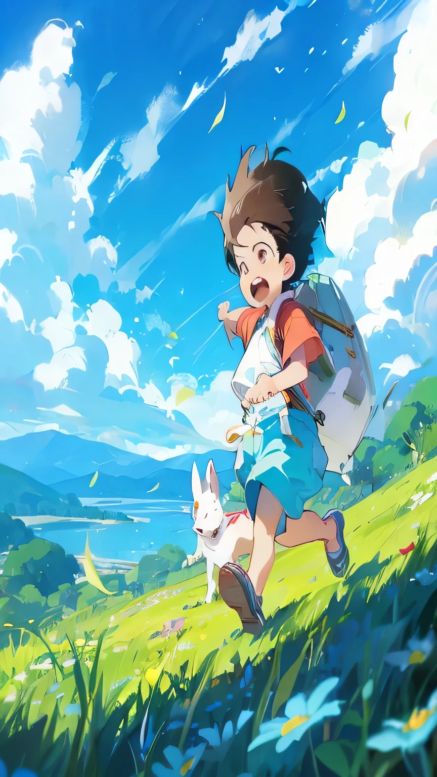 lawn、Flowers、Sunlight、Man running against the wind