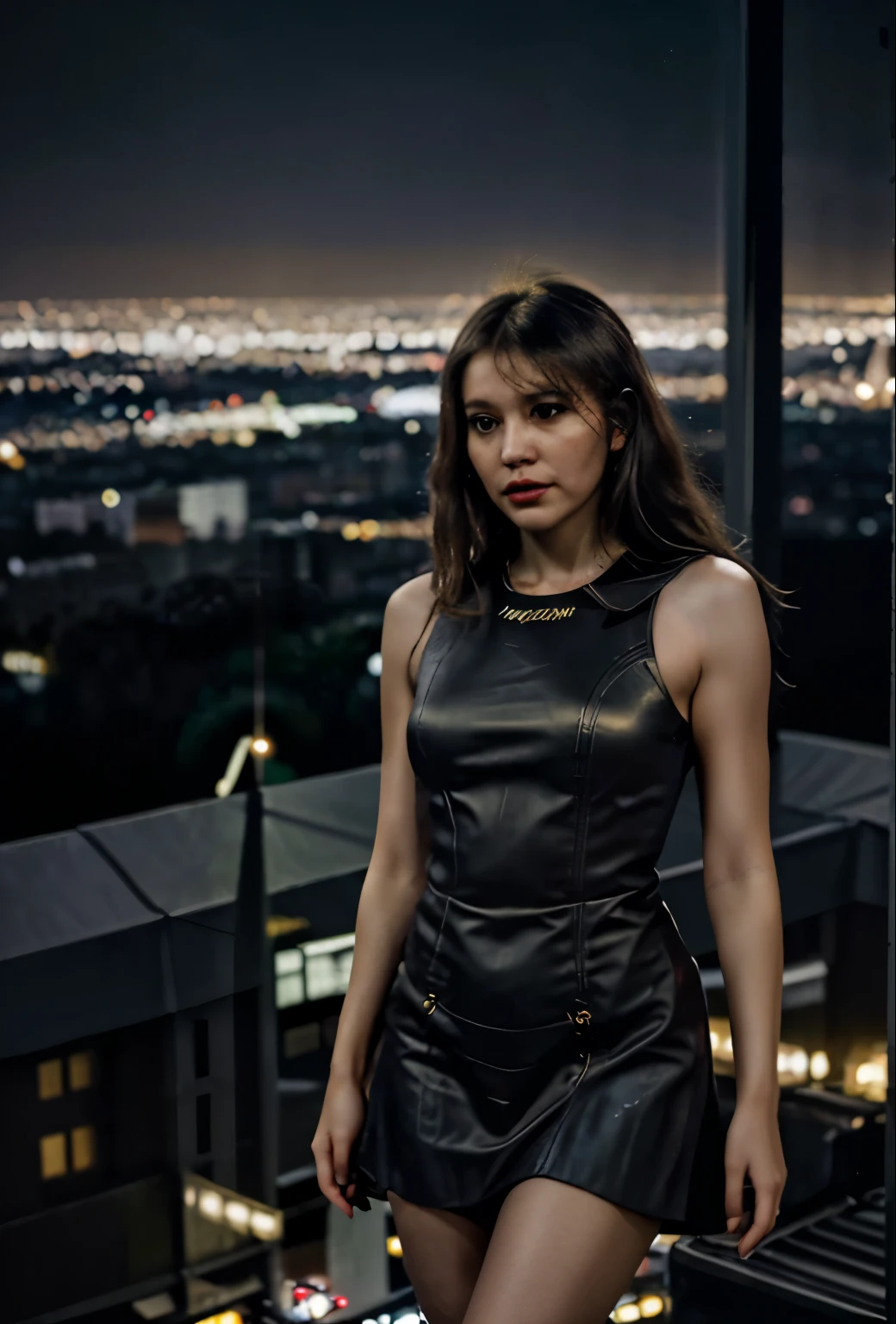 This image depicts an angel woman hovering over a city at night. The city lights create a golden and dramatic atmosphere, while its delicate presence and dark wings contrast with the urban environment. The woman seems protective and vigilant.