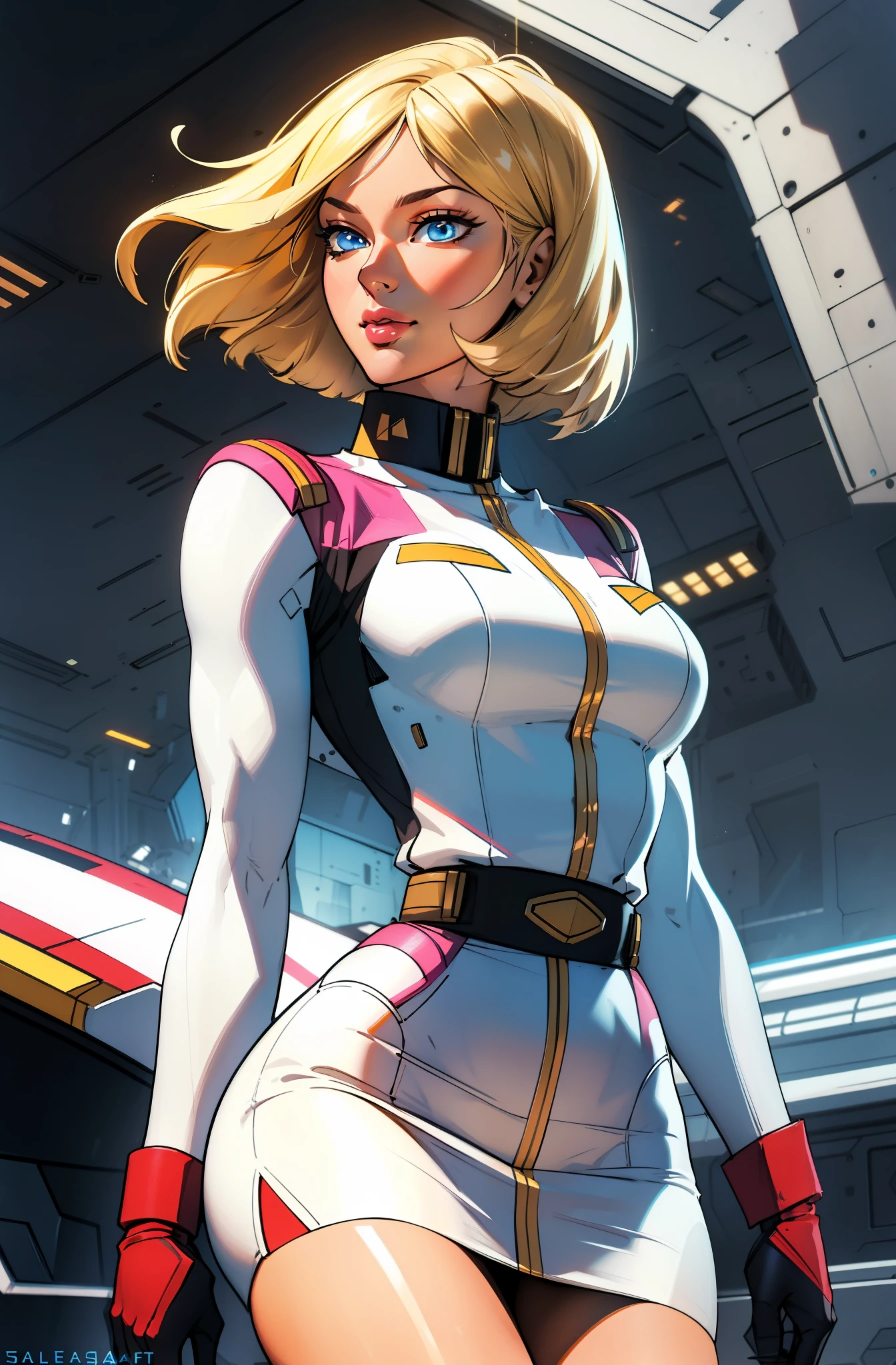 ((masterpiece)), ((cinematic lighting)), realistic photo、Real Images、Top image quality、1girl in, sayla mass, Elegant, masterpiece, Convoluted,Ultra mini skirt、 wide hips, Realistic, Best Quality, absurderes, high face detail, Perfect eyes, mature, Cowboy Shot, , Vibrant colors, White uniform, Skirt,