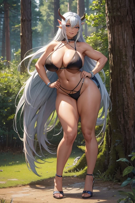  (pose standing up straight,  open_legs, legs apart), flexing their muscles,  (pine forest background), {{{{{BBW}}}}, (full body), best quality, expressive eyes, perfect face, perfect hands, high definition, two girls, thicc body, muscular, thick legs, dark (elf) warrior, wearing a very tight, micro bikini. high heels.  prideful, smug face, smile. 