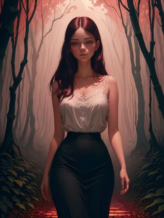 Painting of a woman walking through a forest with a red sky, Woman in the dark forest, White lace camisole and panties、Casey Weldon, eerie art style, Standing in a dark forest, In the art style of Bouwater, Girl walking in dark forest, Charlie Bowater's art style, Spooky and gloomy art style, With eyes that glow red, Charlie Bowter's Style, Elegant horror art
